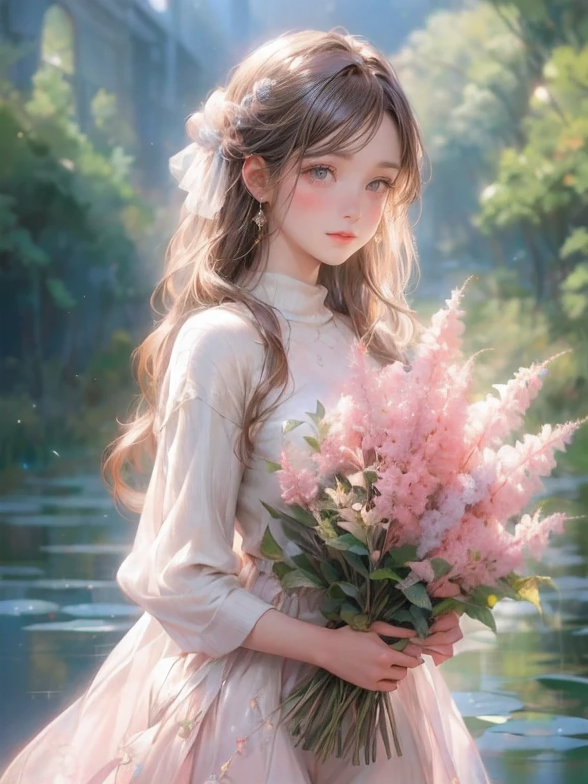 masterpiece: 1.2, highest quality, 16k, highres, ultra-realistic, photorealistic: 1.37, beautiful detailed: 1.2, beautiful fairy girl, standing in a meadowlake full of astilbe, holding a bouquet of astilbe, meadow (colorful astilbe, full of astilbe, bluesky), beautiful delicate see-through knit mesh sweater, beautiful and elegant pose, beautiful smile, beautiful delicate ( hair, face, long eyelash, eyes, pupils, lips, knee, mesh sweater), sparkling eyes, shining rosy lips, blushed cheek, through bangs,
