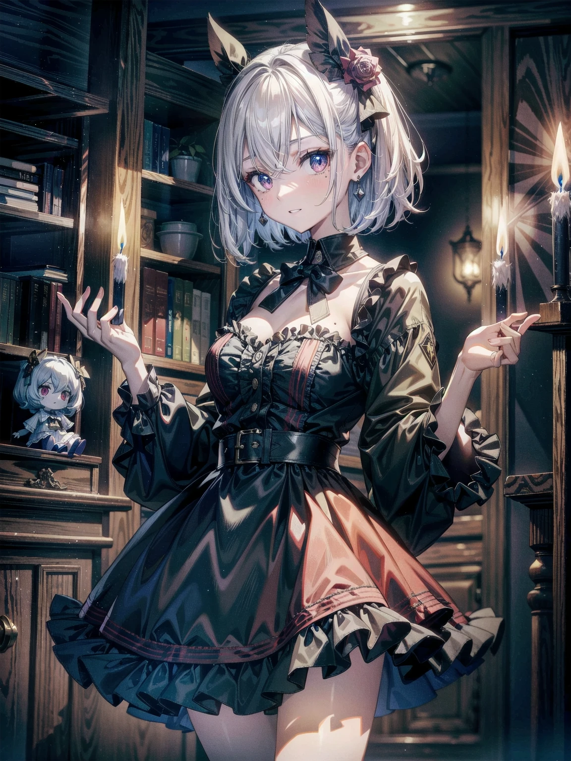 whole body, (inside basement), skirt, shirt, long sleeves, frills, evil grin, creepy, (candles), hair ornament, (dolls), tapestry, horror theme, absurdres, RAW photo, extremely delicate and beautiful, masterpiece, Best Quality, ultra high resolution, 32k, hyperrealistic, ultra-detailed, detailed description, pale skin, 20 years old, tearful mole, earring, Colossal tits, short medium hair, wavy hair,