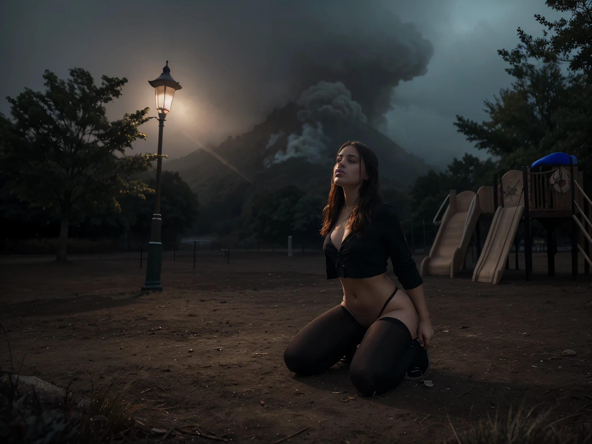 angelinak, sfw, ((sfw)), woman kneeling outdoor in a playground. The character is surrounded by mist, evoking a mysterious and eerie atmosphere. The lighting is dark and atmospheric, with a red smoke adding a touch of sinister ambiance. The image is of the best quality, with a resolution of 4k and HDR enhancement, showcasing the utmost level of detail and realism, sfw, full body shot.