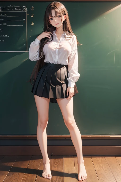 Italian girl, 25 years old, very long loose brown hair, super super giant breasts, wearing a white shirt wearing a black pleated miniskirt, a black lace bra, hair covering her breasts, bare feet, school classroom, wet breasts , standing in front of the blackboard
