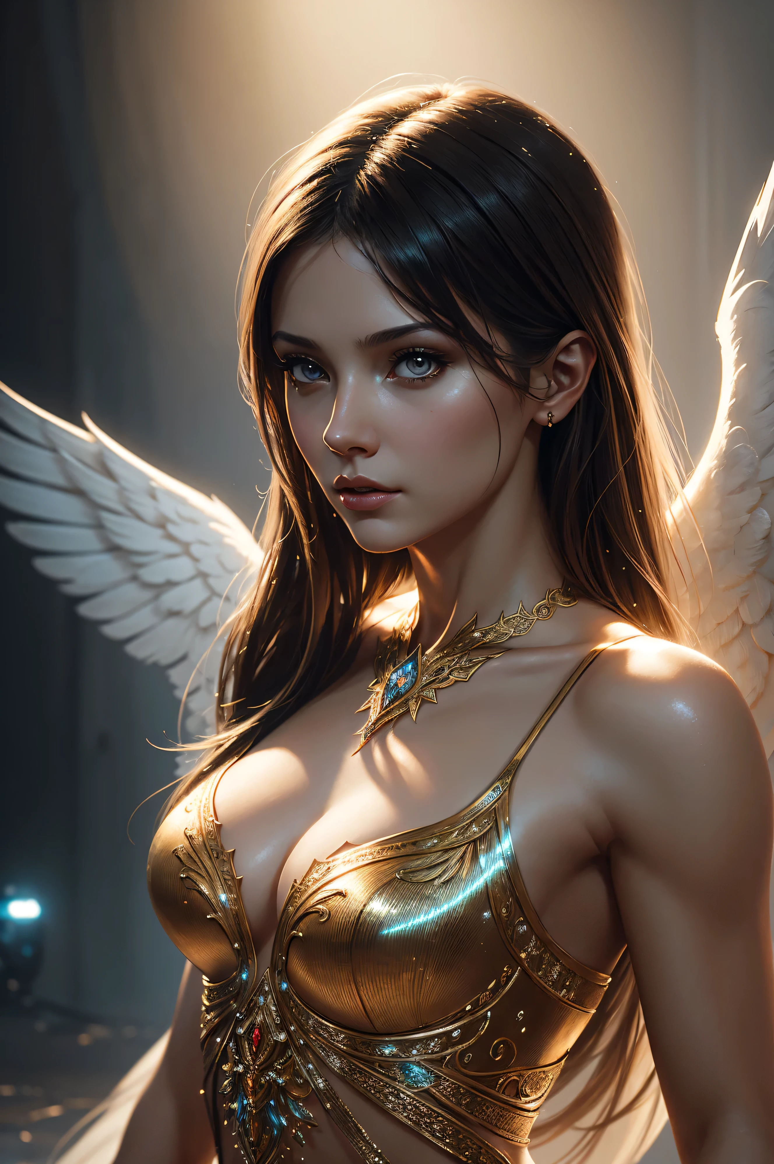 portrait of thin muscular Anya Chipovskaya having angel wings, intricate, elegant, glowing lights, highly detailed, digital painting, artstation, glamor pose, concept art, smooth, sharp focus, illustration, art by wlop, mars ravelo and greg rutkowski