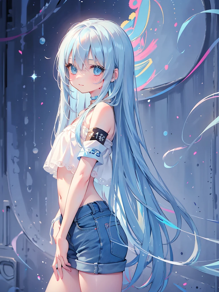 masterpiece, best quality, extremely detailed, (illustration, official art:1.1), 1 girl ,(((( light blue long hair)))), ,(((( light blue long hair)))),light blue hair, ,10 years old, long hair ((blush)) , cute face, big eyes, masterpiece, best quality,(((((a very delicate and beautiful girl))))),Amazing,beautiful detailed eyes,blunt bangs((((little delicate girl)))),tareme(true beautiful:1.2), sense of depth,dynamic angle,,,, affectionate smile, (true beautiful:1.2),,(tiny 1girl model:1.2),)(flat chest)),(cowboy shot), (best quality, ultra-high resolution, depth of field:1.2), adult, 1woman, solo, toned, bangs, crop top, denim shorts, choker, (graffiti:1.4), paint splatter, arms behind back, (slouching), (leaning back:0.5), against wall, (leaning to the side:0.5), looking at viewer, armband, thigh strap, streaked hair, paint on body, upturned eyes, head down, head tilt, (from side:1), bored