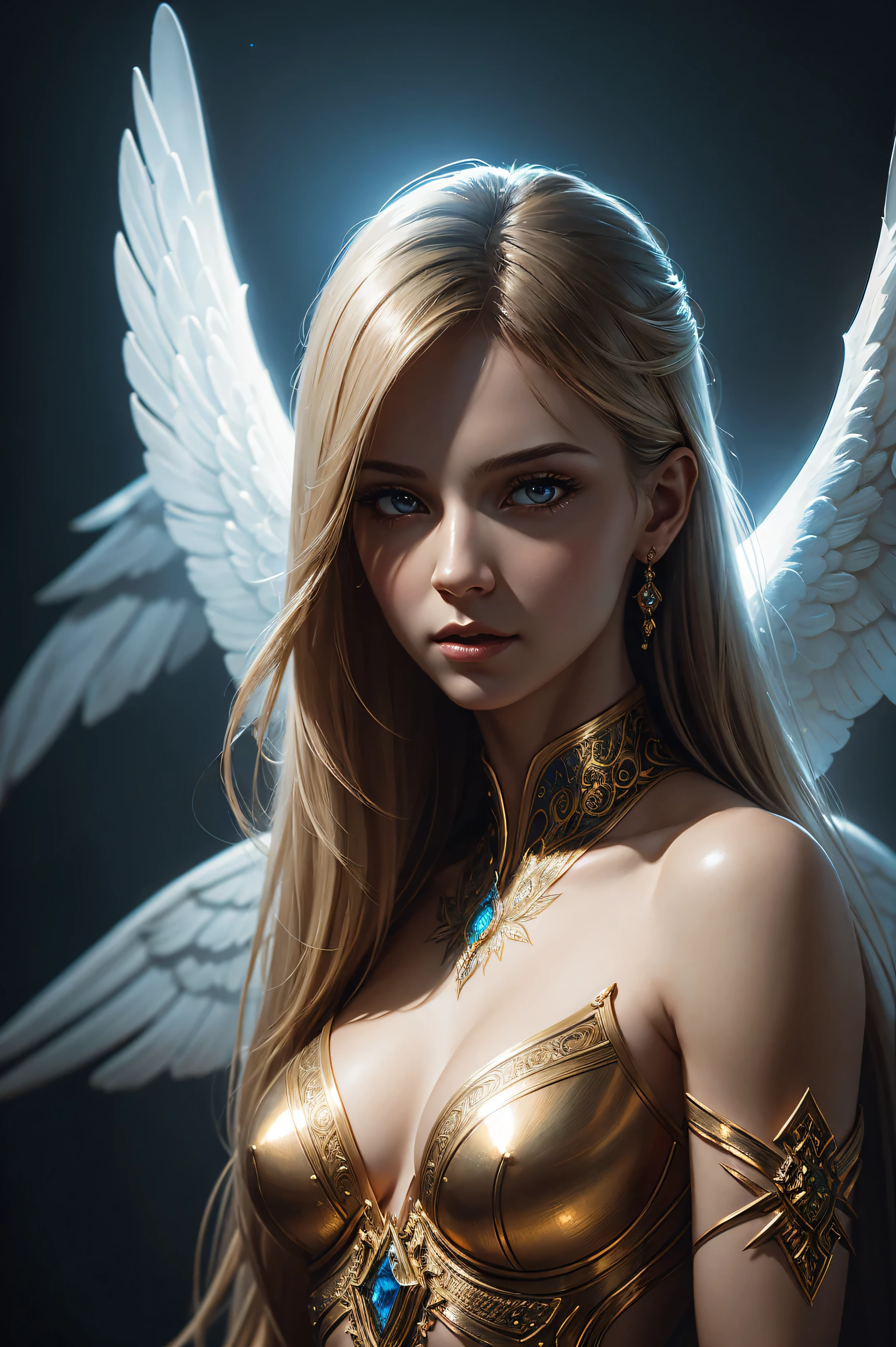 portrait of thin muscular Anya Chipovskaya having angel wings, intricate, elegant, glowing lights, highly detailed, digital painting, artstation, glamor pose, concept art, smooth, sharp focus, illustration, art by wlop, mars ravelo and greg rutkowski