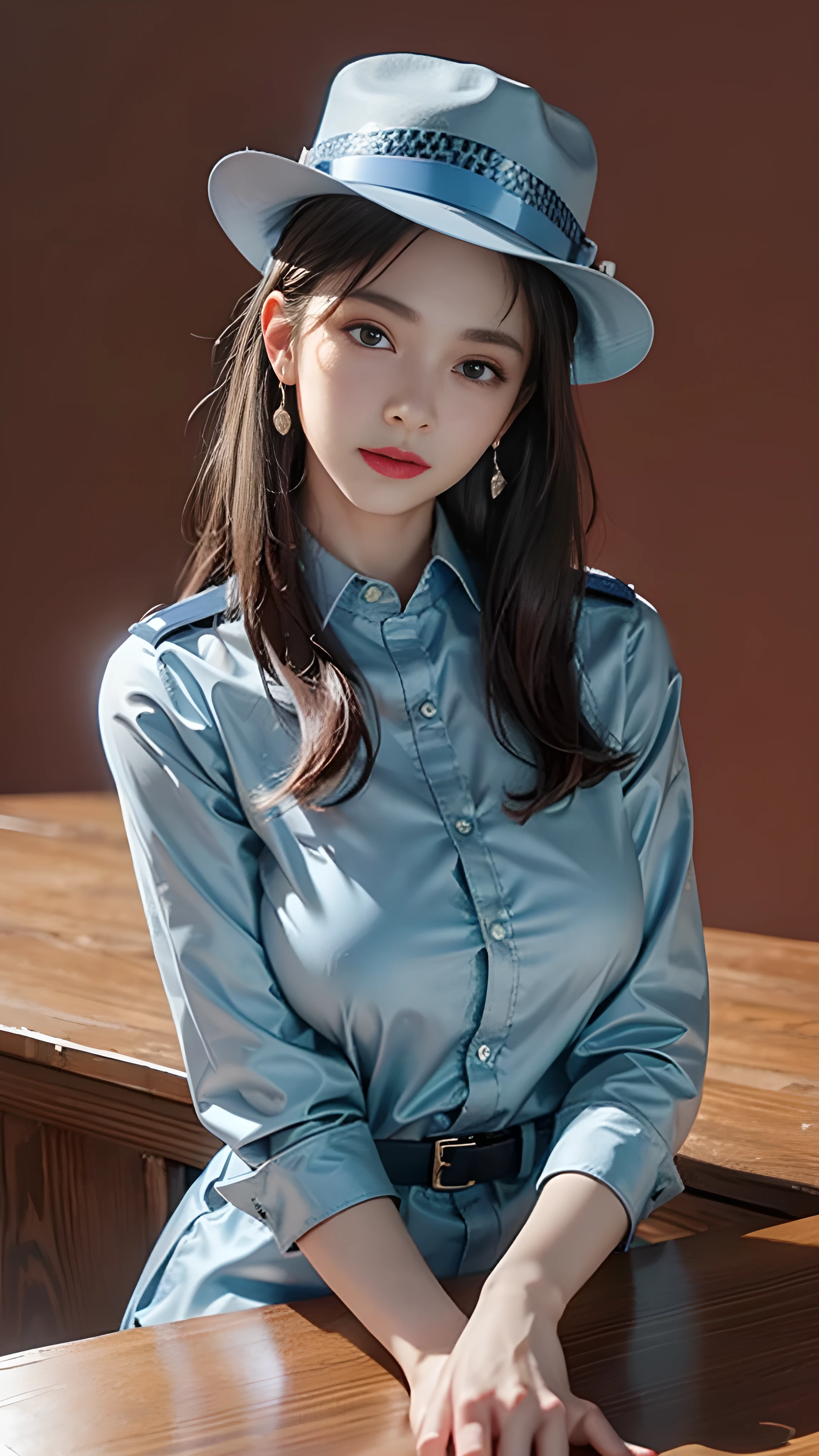 Simple background, (Wearing policewoman and hat: 1.4), Good Hand, 4K, high resolution, On the table, best quality, head: 1.3, ((Hasselblad Photo)), delicate skin, Be focused, (Movie Lighting), soft light, Dynamic Angle, [:( Delicate face: 1.2): 0.2], medium breast, breast, (((Inside the mansion))), (Exposed breasts: 1.1), 1 girl, jewelry, earrings, orange_Sky, Solitary, mole, long_hair, mole_exist below_Eye, Upper Body_Body, grey_Eye, Look up_exist_Viewer,, brunette, Fashion, (head tilt: 1.4), Simple background, Red background,