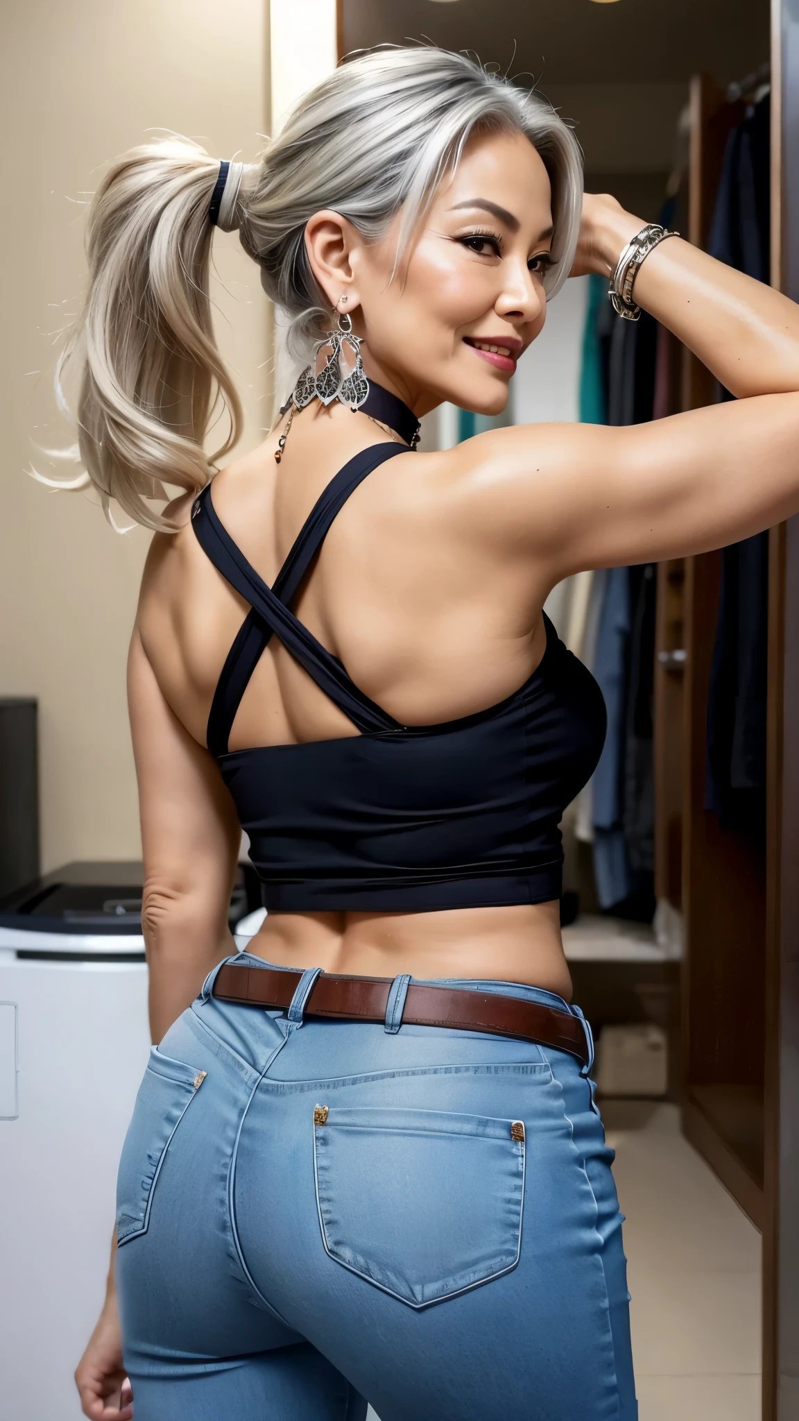(Big Ass, 75 years old Mom MILF Chinese Lady large earring Big choker navel piercing decoration A bracelet Silver Hair realisitic Gorgeous Madame Beautiful Mature Woman sexy Smile Gentle woman navel piercing 4K High quality laundry room Hanger rack look back belt Gorgeous Madame Beautiful Mature Woman