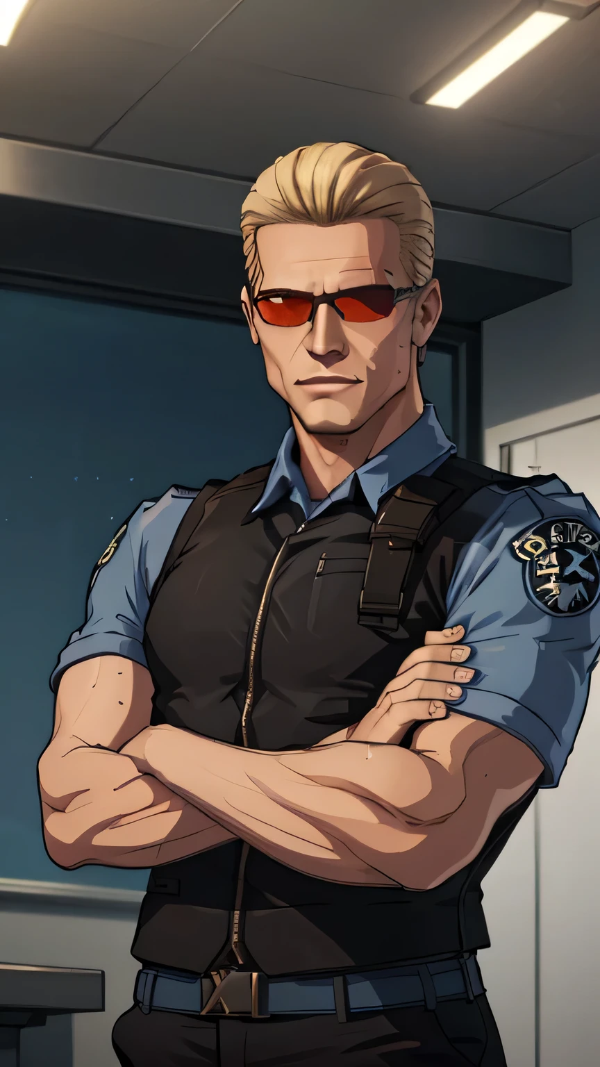 (masterpiece, best quality:1.2),  albertwesker, solo, shirt, 1boy, collared shirt, uniform, vest, sunglasses, blue shirt, police uniform, indoors, crossed arms, leaning back,