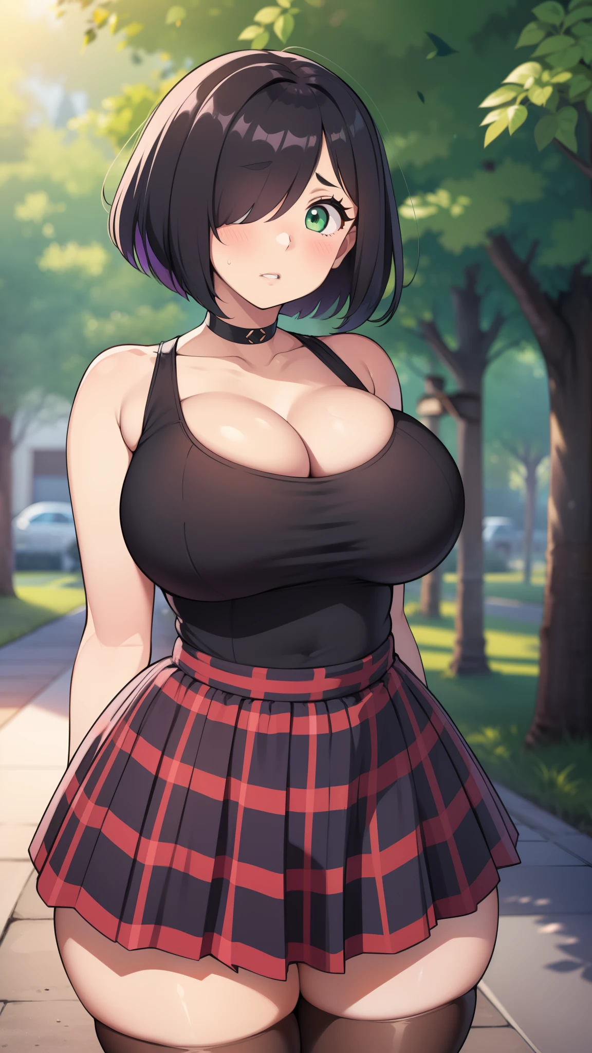 ((highres)), Masterpiece, high quality, best quality, beautiful, perfect lighting, detailed face, ultra cute face, cowboy shot, ((1girl)), ((solo)),
Short hair, fluffy hair, black hair, hair over one eye, green eyes, ((blush)), nervous, shy, looking at viewer, arms behind back, black crop top, plaid pleated skirt, thigh highs, chocker, ((thick thighs)), (wide hips), chubby, cleavage, (large breasts),
20 year old female, standing in a park, (park), daytime,