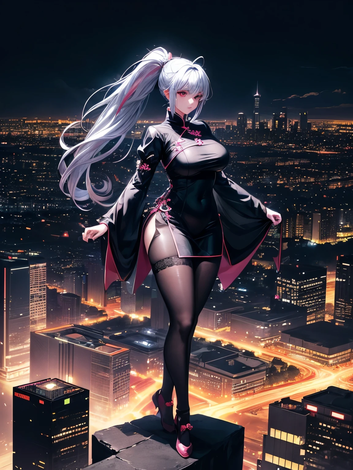 anime, (artwork, best quality, ultra-detailed, high contrast), 1 woman (Alone, full body, plus size body, standing on the edge of the skyscraper, silver hair, LONG In a ponytail, red eyes ruby sparkles, (simple black qipao, black cybernetics with neon pink), transparent black socks), (skyscraper roof, overlooking a city, detailed background ((night time, Darkness, low light pollution)))