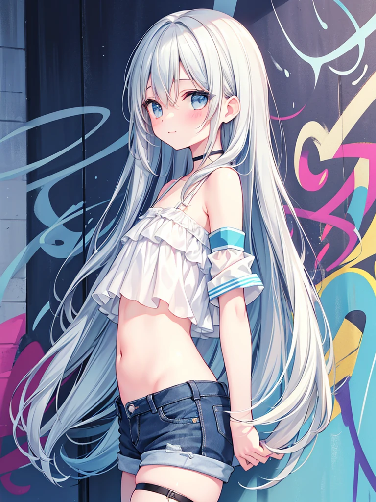 masterpiece, best quality, extremely detailed, (illustration, official art:1.1), 1 girl ,(((( light blue long hair)))), ,(((( light blue long hair)))),light blue hair, ,10 years old, long hair ((blush)) , cute face, big eyes, masterpiece, best quality,(((((a very delicate and beautiful girl))))),Amazing,beautiful detailed eyes,blunt bangs((((little delicate girl)))),tareme(true beautiful:1.2), sense of depth,dynamic angle,,,, affectionate smile, (true beautiful:1.2),,(tiny 1girl model:1.2),)(flat chest)),(cowboy shot), (best quality, ultra-high resolution, depth of field:1.2), adult, 1woman, solo, toned, bangs, crop top, denim shorts, choker, (graffiti:1.4), paint splatter, arms behind back, (slouching), (leaning back:0.5), against wall, (leaning to the side:0.5), looking at viewer, armband, thigh strap, streaked hair, paint on body, upturned eyes, head down, head tilt, (from side:1), bored
