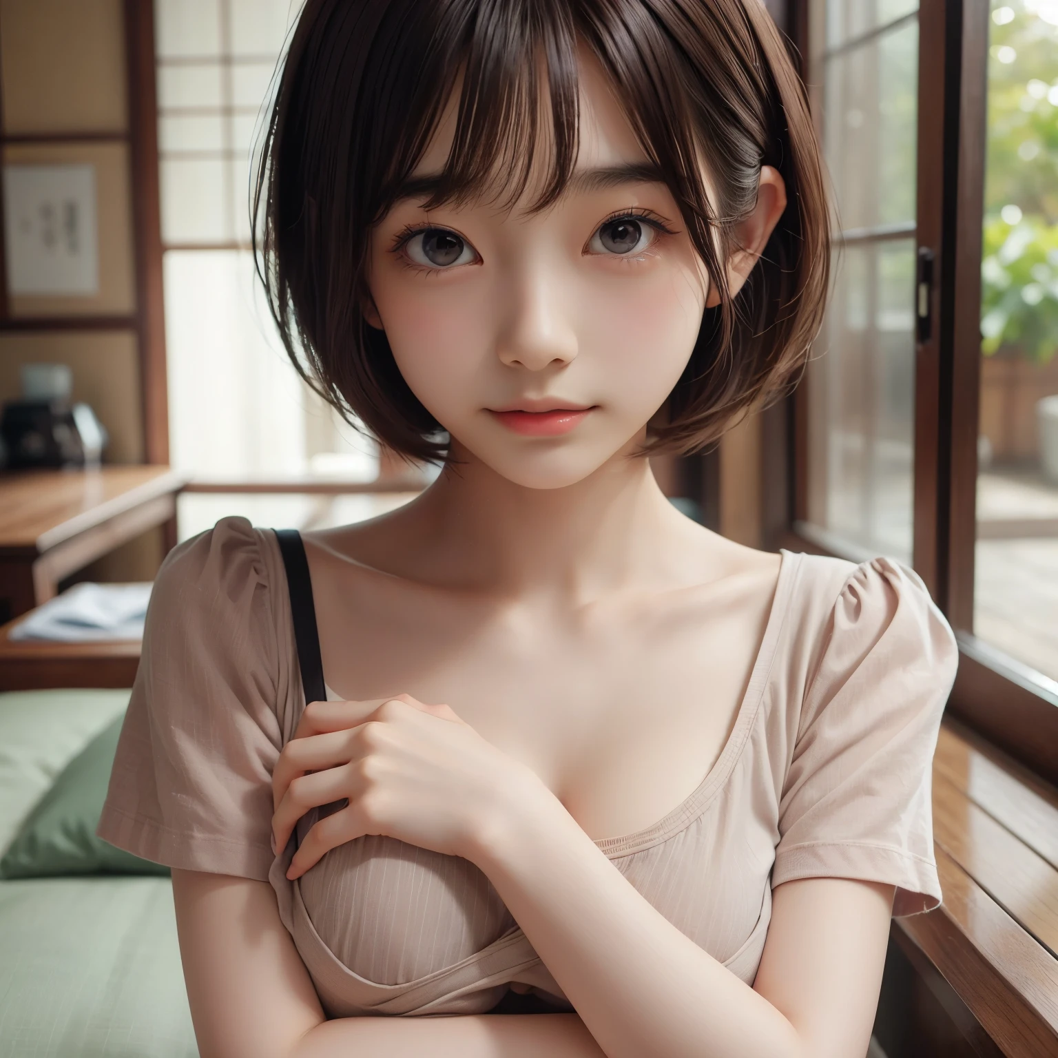 detailed face, cute face,brown eye, , extra short hair, sidelocks-hair, 1 Girl, master piece , best quality , detailed , (woman face) , (breast hold:1.4) , t-shirt , japanese , room , indoor