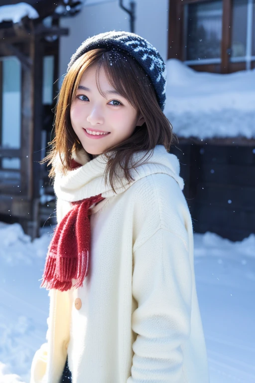 Japanese、high school girl、High resolution、Masterpiece、Fine-grained skin type、high resolution、Reality、In front of the white Snow White wall、Stand upright、smile、、
