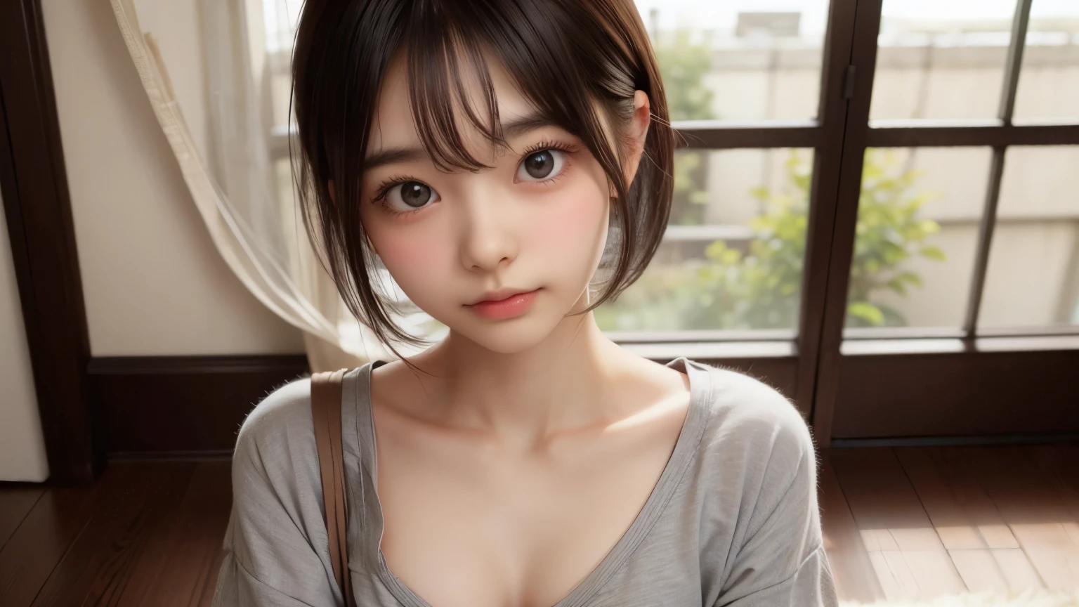 detailed face, cute face,brown eye, , extra short hair, sidelocks-hair, 1 Girl, master piece , best quality , detailed , (woman face) , (breast hold:1.4) , t-shirt , japanese , room , indoor