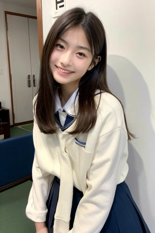 Japanese、high school girl、High resolution、Masterpiece、Fine-grained skin type、high resolution、Reality、Indoors, in front of a white wall、Stand upright、smile、、
