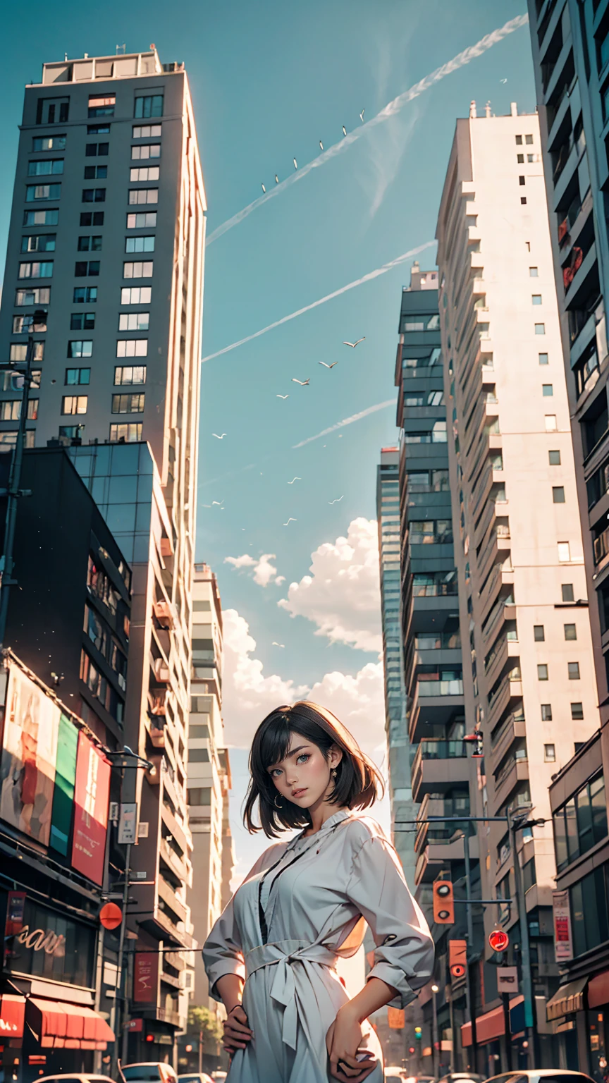 Midgar City style、Apartment building with cityscape in the background、White woman、smile、Place hands on hips、Low - Angle