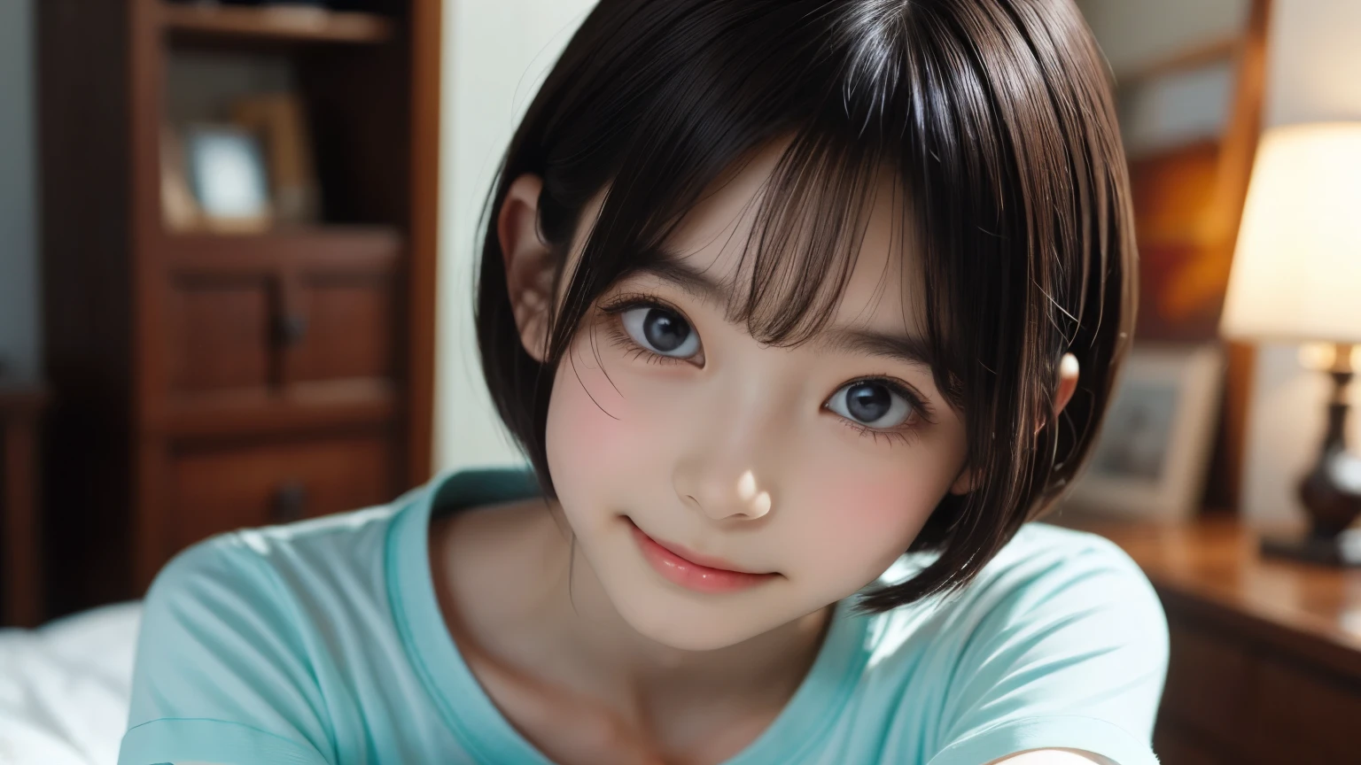 detailed face, cute face,brown eye, , extra short hair, sidelocks-hair, 1 Girl, master piece , best quality , detailed , (woman face) , (breast hold:1.4) , t-shirt , japanese , room , indoor