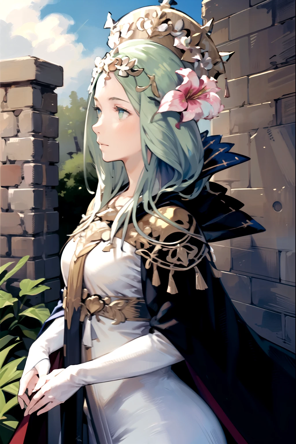 Masterpiece, solo, 1girl, upper body, defRhea, headdress, hair flower, tiara, blue cape, long white dress