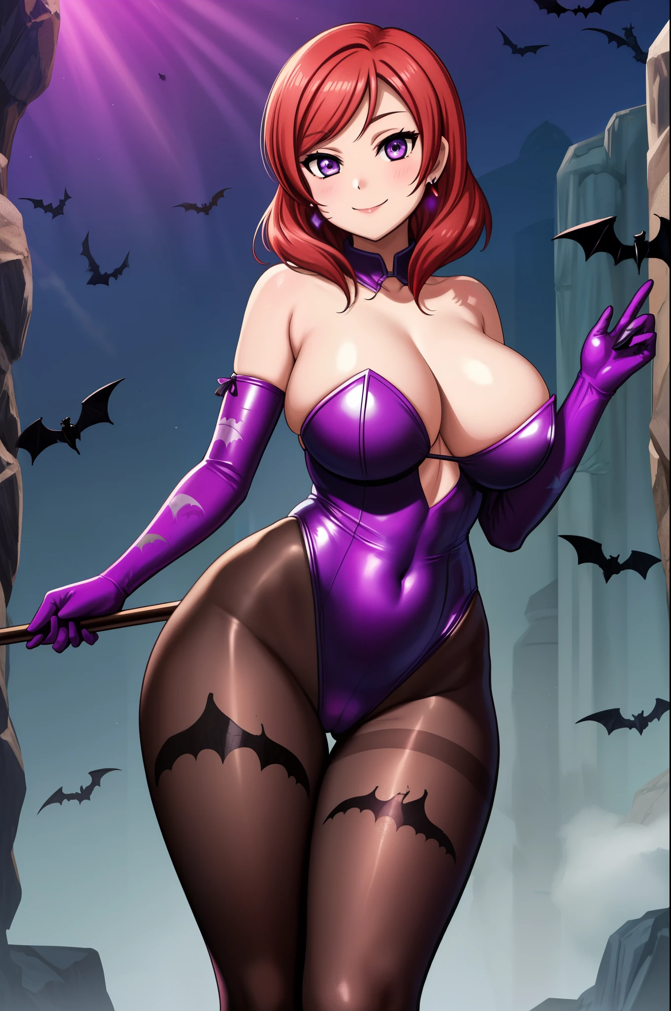 Masterpiece, best quality, solo ,big breasts, nishikino maki, purple eyes, curvy body, leotard ,busty breasts, breasts flashing,earrings, bat printed pink pantyhose, boots, elbow gloves, strapless, standing, cowboy shot, thighs, narrow waist,wide hips, smile , closed mouth ,in dark cave