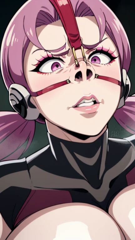 (High quality, Ultra detailed, best quality, insanely detailed, beautiful, masterpiece:1.5),(Whitney/Akane (Suite Pretty Cure♪) ),((Super super super huge breasts)),((Super super super big cleavage)),((Super super super super saggy breasts)),Bimbo face:1.5,Heavy makeup:1.5,Brown skin:1.5,Heavy makeup:1.5.Mature Woman:1.5,Middle-aged women:1.5,Pink twin-tailed hair:1.5),(Nose hook:1.2),(close up face),Accurate nostrils,(Nose Hook:1.5),(Facial Realism)超Swollen lips, Super thick lips, Kissing Face,, Glowing Skin,masterpiece, highest quality, naughty smile,(vapor:1.2), (Happy:1.4),(Ahegao:1.6),(Roll your eyes,1.6),(blowing foam through the mouth:1.2),(Attractive mature woman,Super strong super huge huge vulgar face:1.2),(Ahegao:1.8),(Roll your eyes:1.6),(Huge very angry face:1.6),(put on a mean look:1.8),(put on a mean look:1.8),masterpiece, highest quality,Super evil smile, blush, I breathe,Glowing Skin,highest quality, 8K, 32k, masterpiece, Detailed face, Lips Detail, Fine grain, double eyelid,Pink thick lips,Swollen lips,(Widening pig nostrils),(Super super super enlarged nostrils:1.5),Iris,View from above,(Cyborg Mecha Monster Suit:1.5),(face focus,close up face),(Exact nose count,Accurate nostrils,I can see the back of his nostrils),(Look up,Fisheye,Looking from above,Looking down on someone,Saucy),Realistic depiction of the entire face,(Ugly face:1.5,Stinky face:1.5)