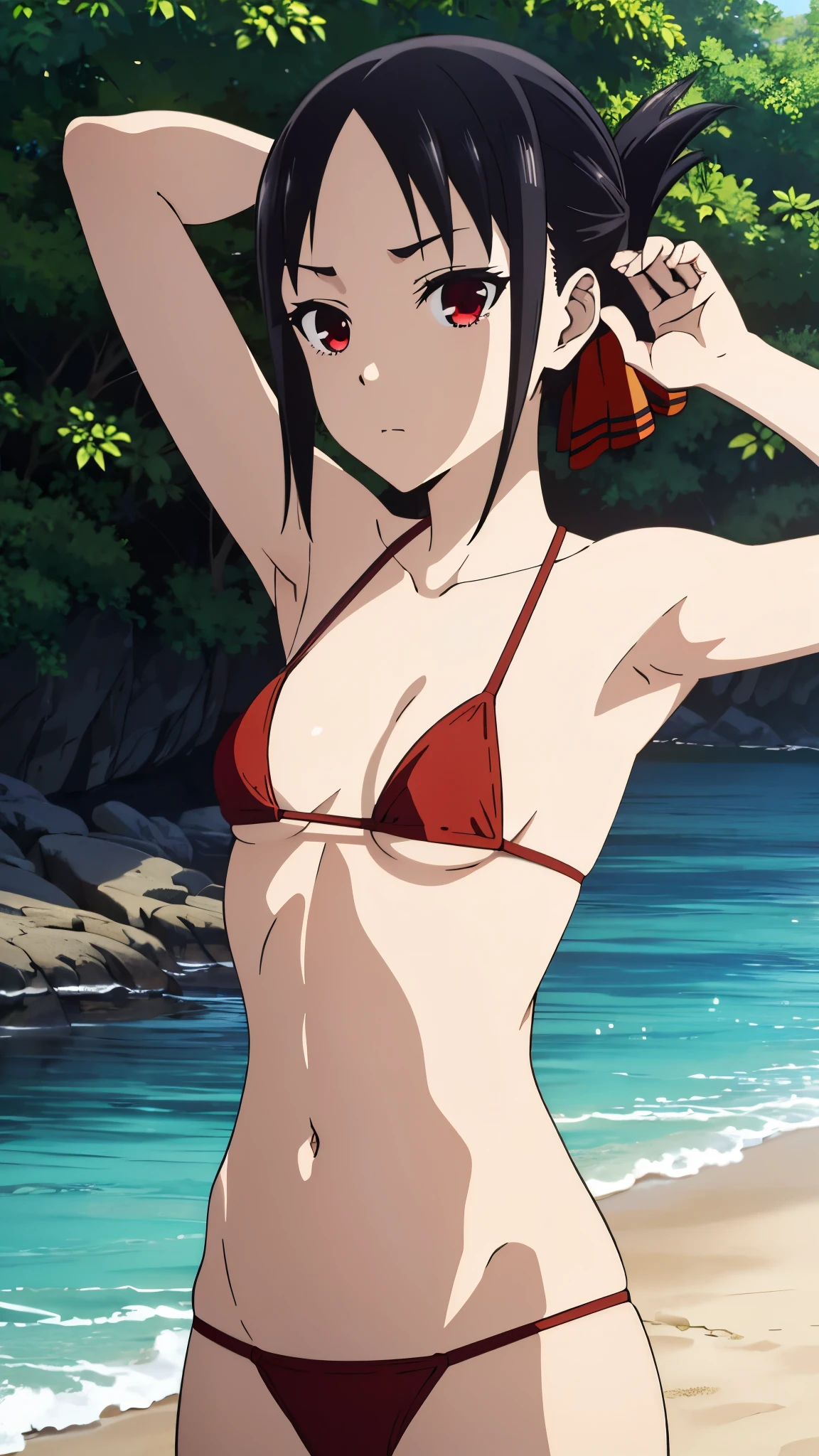 Sarada, (Sarada Uchiha, Sozinha, cabelo curto, Angled Textured Bob) ,Eyeglasses, selva, red bikini, peito pequeno, (( de lado, artistic composition, boa qualidade, alta qualidade, qualidade detalhada, best quality, Angled Textured Bob, seios pequenos)),(artistic composition, super detalhada),(olhos delicados), usando batom vermelho, cabelo preto curto,(corpo fitness, corpo atletico), pele bronzeada, red polka dot bikini. standing under a tree. olhos detalhados. bumbum grande. de lado, marquinha de bronzeado. perspectiva lateral,(Uchiha Sarada, marquinha de bronzeado, Obra Prima)