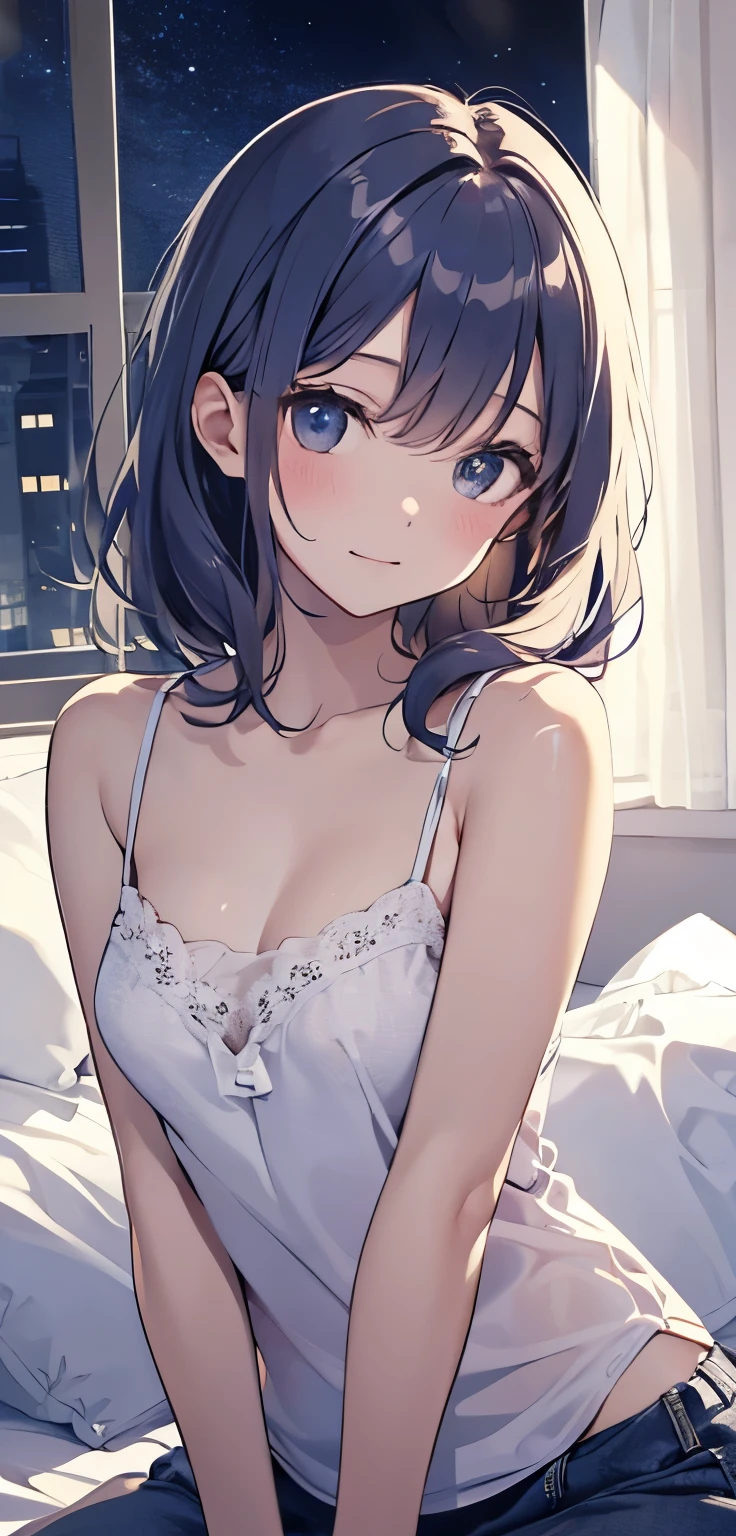 highest quality,8k,detailed,F cup bust、Very cute face、Beautiful thighs、Best Beautiful Legs、Slim and beautiful arms、Slim body、White skin、((((1 person、camisole、Sunlight on the body、On the bed、Kneeling、looking at the camera、smile、smile、The hotel wall in the background、Hotel room))))、The atmosphere is bright and lively、The woman is at the center of the image。