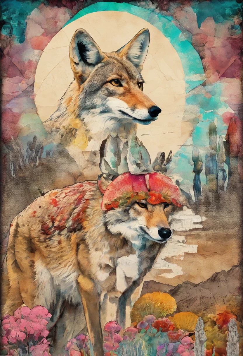 Coyote with mushrooms, desert ::2 colorful ink painting ::2 art fantasy