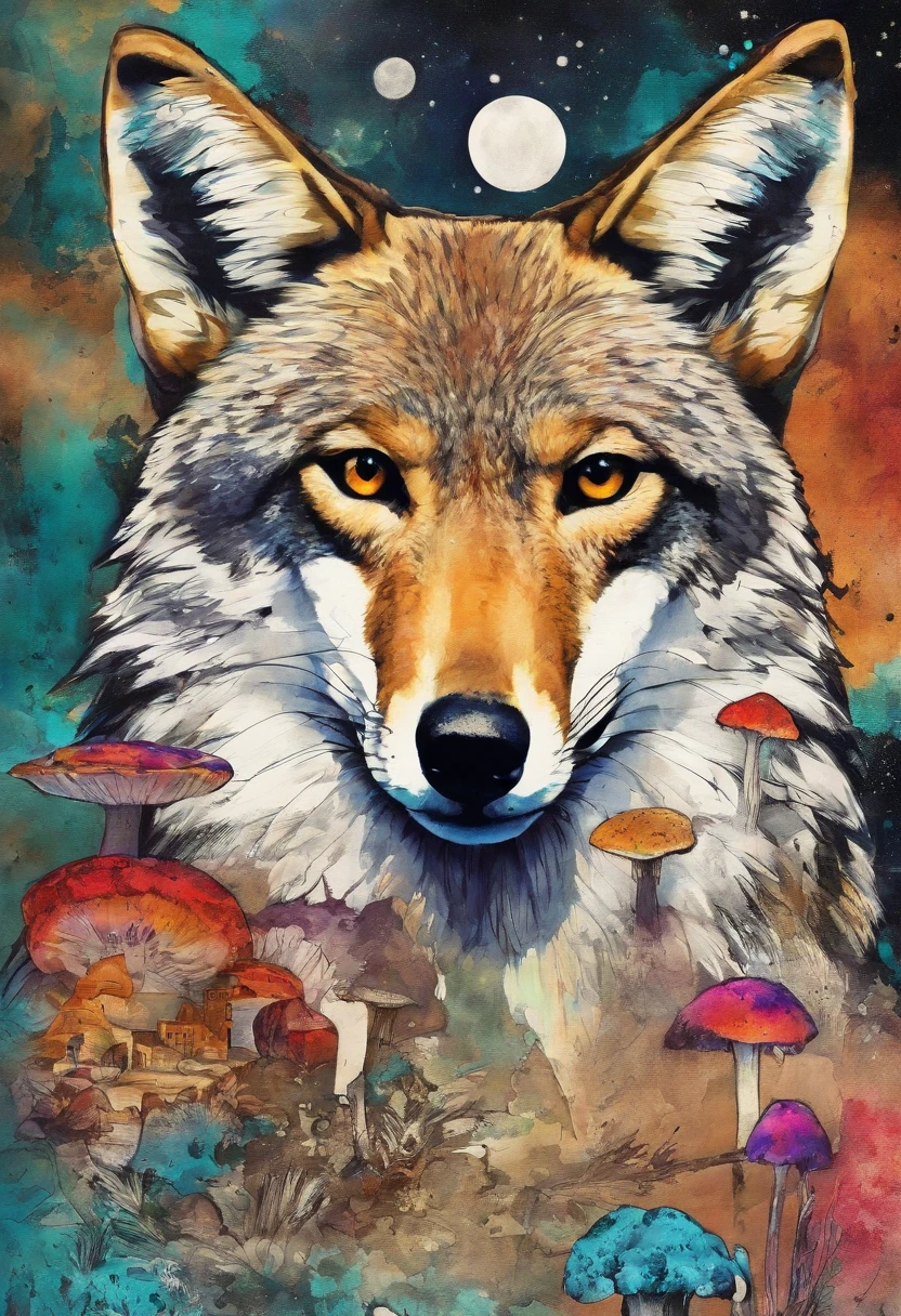 Coyote with mushrooms, desert ::2 colorful ink painting ::2 art fantasy