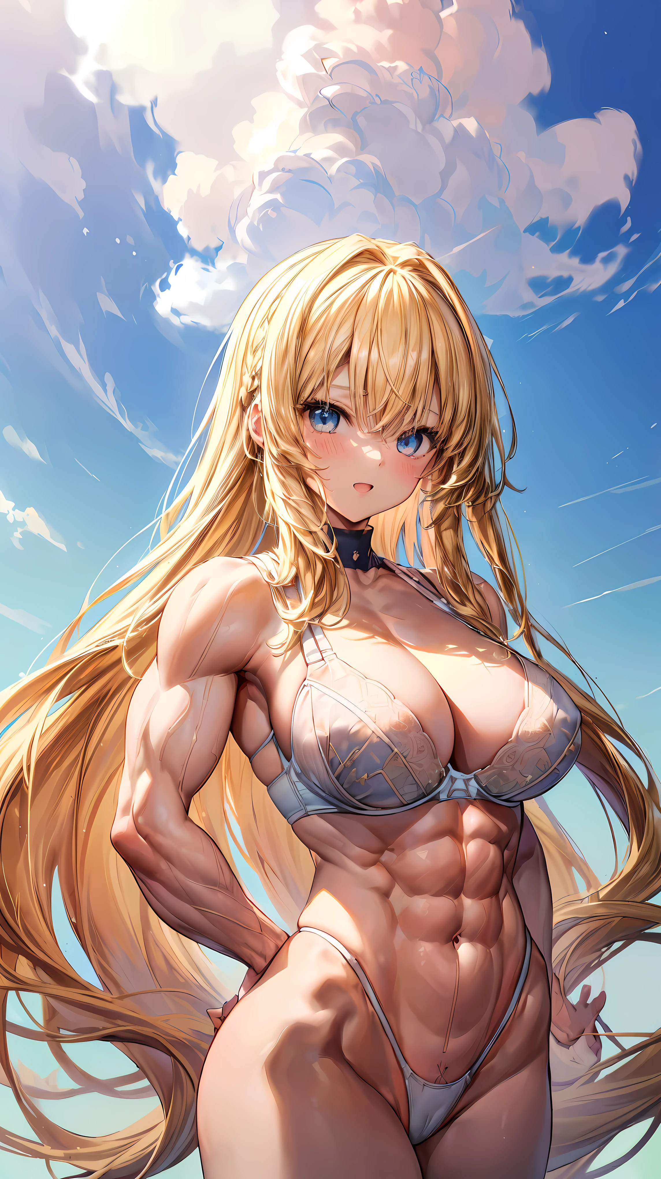 Very detailed、highest quality、Best image quality、masterpiece、8k、Anime Face、A kind smile、(Open your mouth:1.3)、Sparkling blue eyes、(Blonde semi-long hair:1.5)、(Muscles of the whole body:1.3)、(highleg:2.0)、Thigh belt、(Upper body photo:1.5)、(SFW Giant)、(Thick body:1.2)、(bra:1.5)、(sxspnts)、(Hands on hips:1.1)