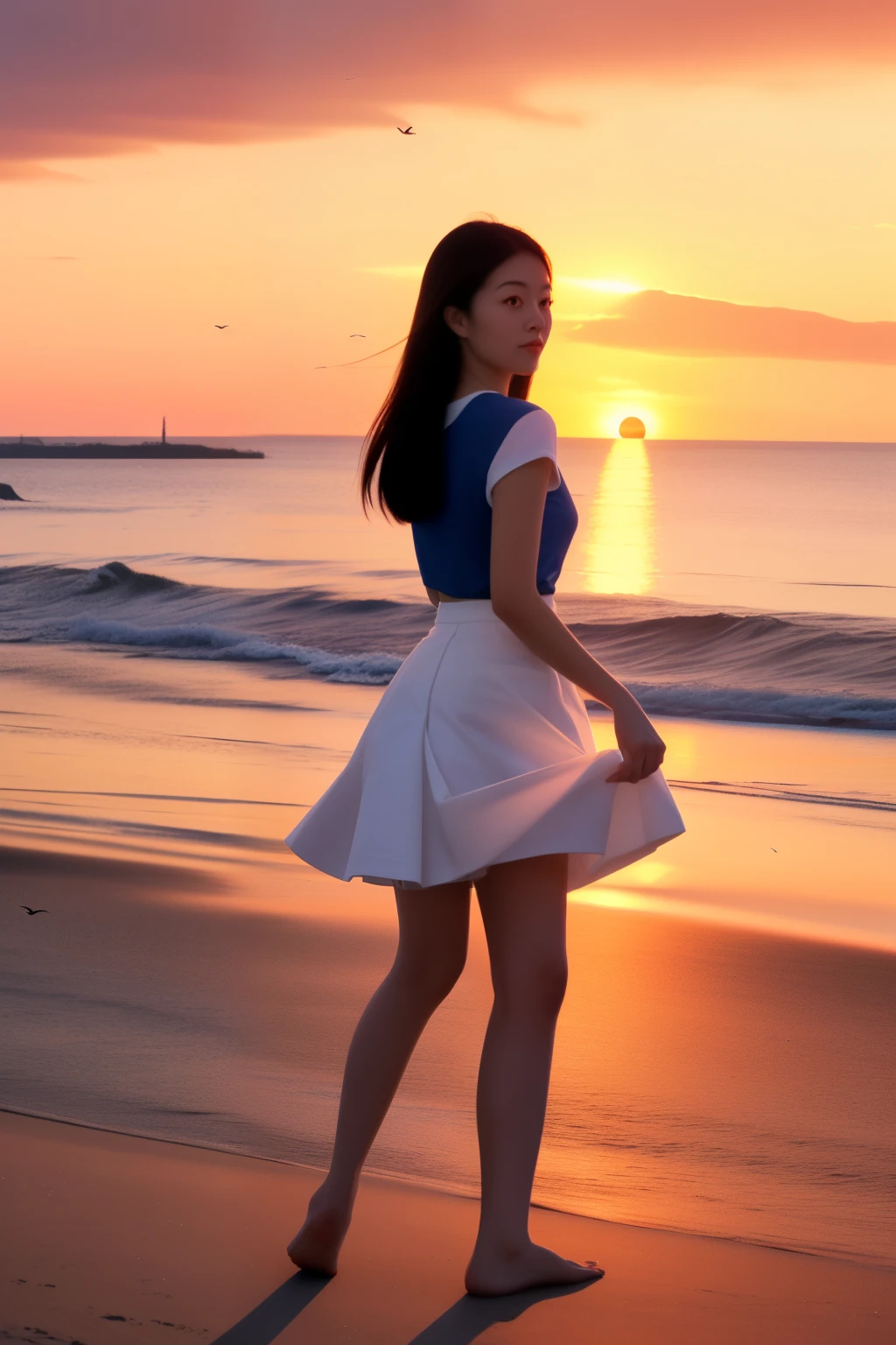 seaside，Sunset，Sunset，Seagull，White skirt，woman