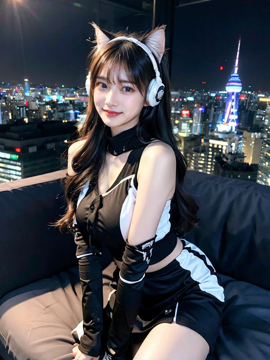 Full body photo、whole、最high quality, masterpiece, 32k、Very detailed、Realistic、1 girl, Japanese women、Cute face, (photo Actual:1.3), Edge lighting, (Skin with attention to detail:1.2), 8k超High resolution, Single-lens reflex camera, high quality, High resolution, 4K, 8k, Optimal ratio of four fingers to one thumb, (Actual:1.3), smile、自然なsmile、Nice body、big Boobs（big 、There is a valley）Baseball Cheerleader Costumes(black、Light blue line design、Japanese professional baseball cheerleaders)、Cat ear headphones(ピンク色のネオンCat ear headphones)、cute 1 girl, Realistic、Super Realistic、32k、Very detailed、masterpiece, 最high quality, beautiful girl, beauty、 Mecha, Beautiful lighting, Sitting,Cyber Neon、Future City、Skyscraper、City Night、Shanghai、big cities、Night view、綺麗なNight view