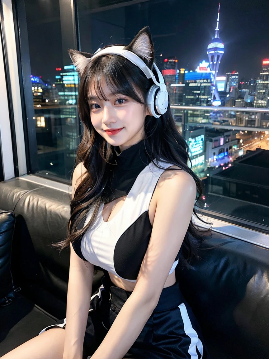 Full body photo、whole、最high quality, masterpiece, 32k、Very detailed、Realistic、1 girl, Japanese women、Cute face, (photo Actual:1.3), Edge lighting, (Skin with attention to detail:1.2), 8k超High resolution, Single-lens reflex camera, high quality, High resolution, 4K, 8k, Optimal ratio of four fingers to one thumb, (Actual:1.3), smile、自然なsmile、Nice body、big Boobs（big 、There is a valley）Baseball Cheerleader Costumes(black、Light blue line design、Japanese professional baseball cheerleaders)、Cat ear headphones(ピンク色のネオンCat ear headphones)、cute 1 girl, Realistic、Super Realistic、32k、Very detailed、masterpiece, 最high quality, beautiful girl, beauty、 Mecha, Beautiful lighting, Sitting,Cyber Neon、Future City、Skyscraper、City Night、Shanghai、big cities、Night view、綺麗なNight view