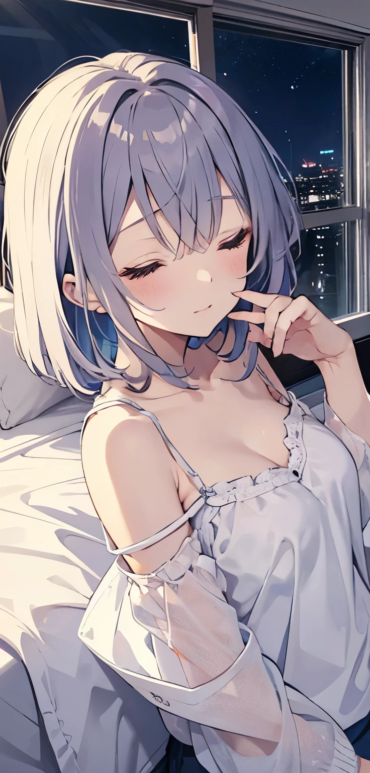 （Pretty sister:1.3）、((Super detailed))、night、Bedroom、On the bed、Close your eyes、Going to bed、Shining night sky、((1 person)),,white camisole