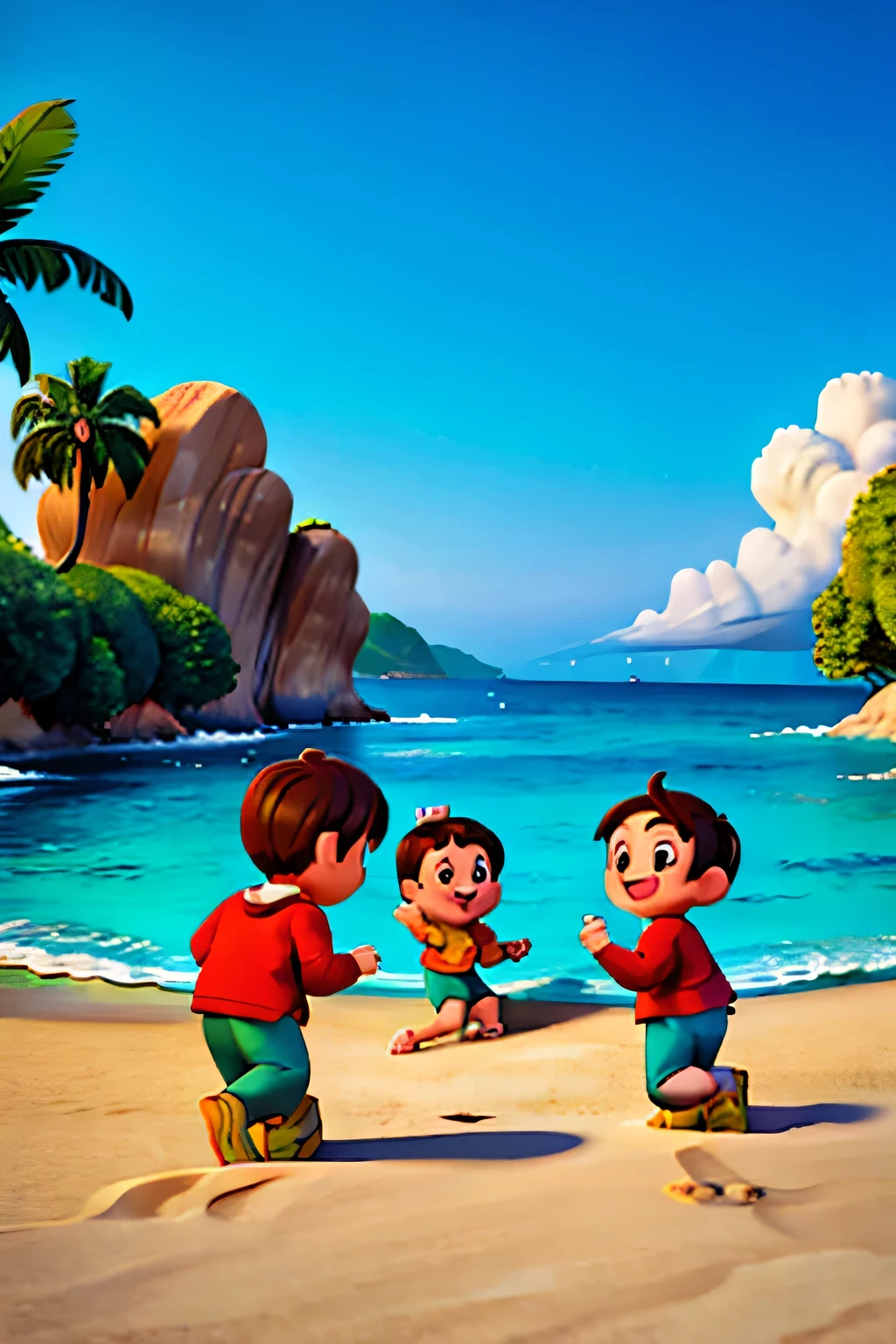 Five eight-year-old children playing at the beach in summer