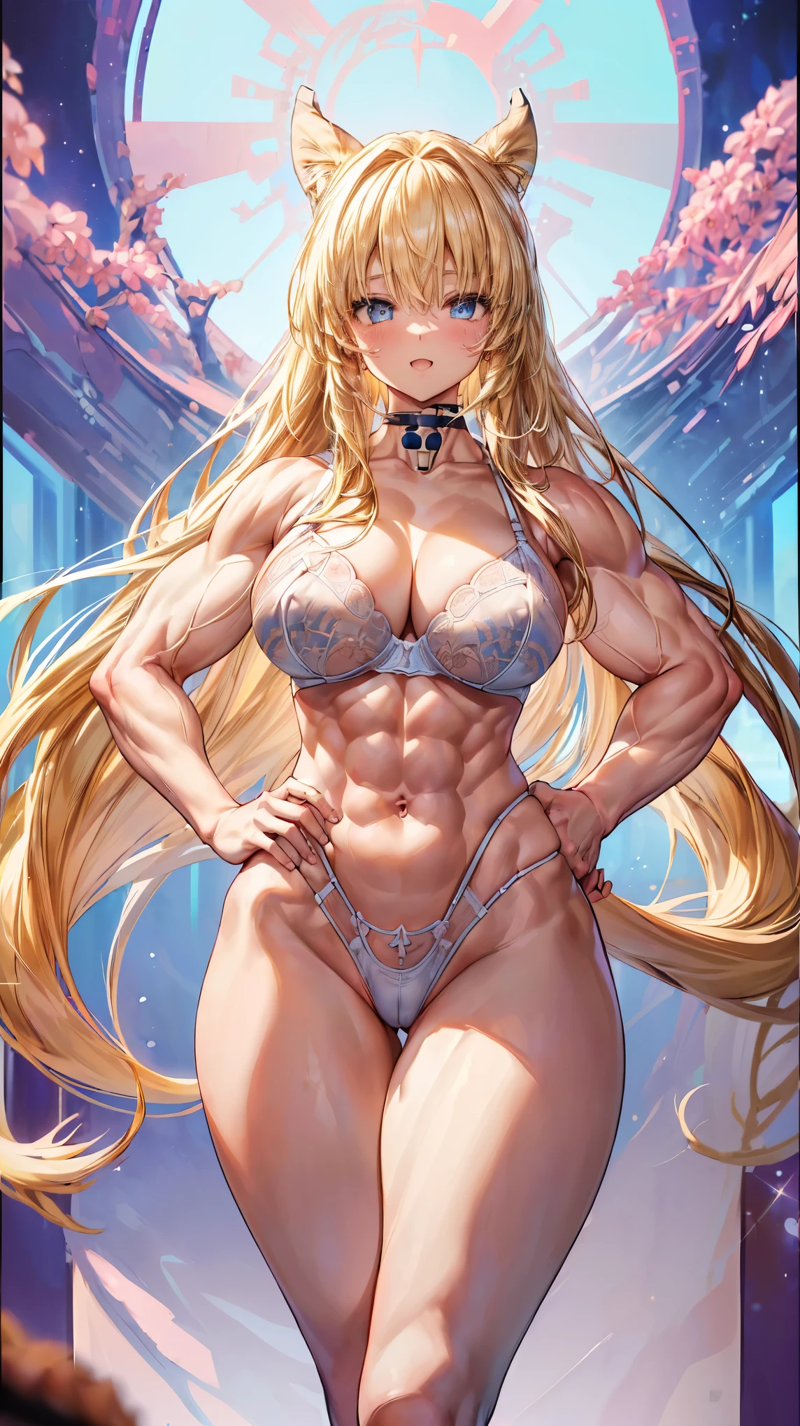 Very detailed、highest quality、Best image quality、masterpiece、8k、Anime Face、A kind smile、(Open your mouth:1.3)、Sparkling blue eyes、(Blonde semi-long hair:1.5)、(Muscles of the whole body:1.3)、(highleg:2.0)、Thigh belt、(Cowboy Shot:1.5)、(SFW Giant)、(Thick body:1.2)、(bra:1.5)、(sxspnts)、(Hands on hips:1.1)