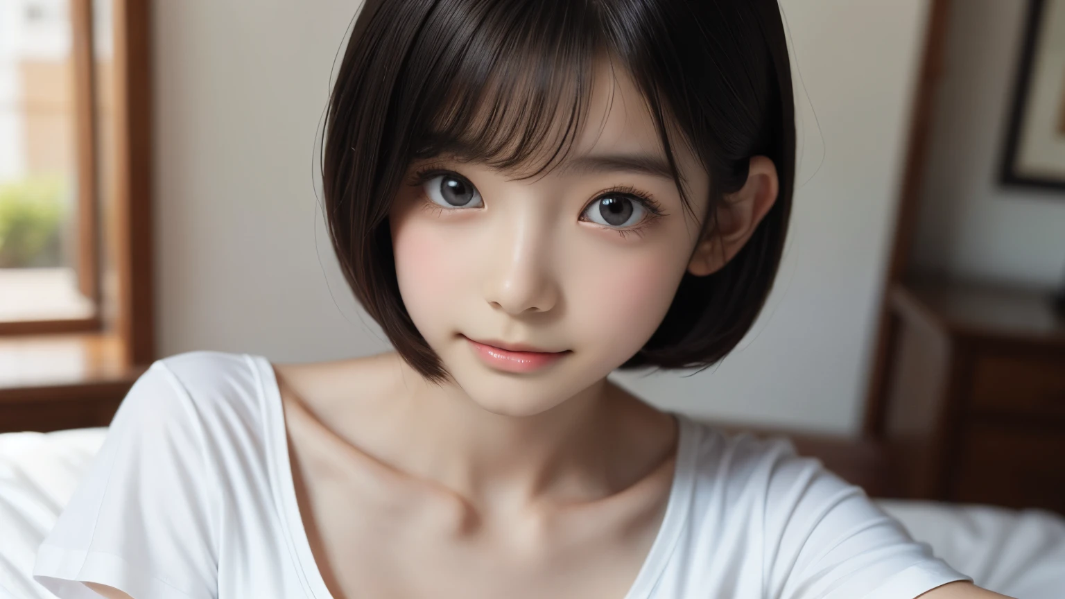 detailed face, cute face,brown eye, , extra short hair, sidelocks-hair, 1 Girl, master piece , best quality , detailed , (woman face) , (breast hold:1.4) , t-shirt , japanese , room , indoor