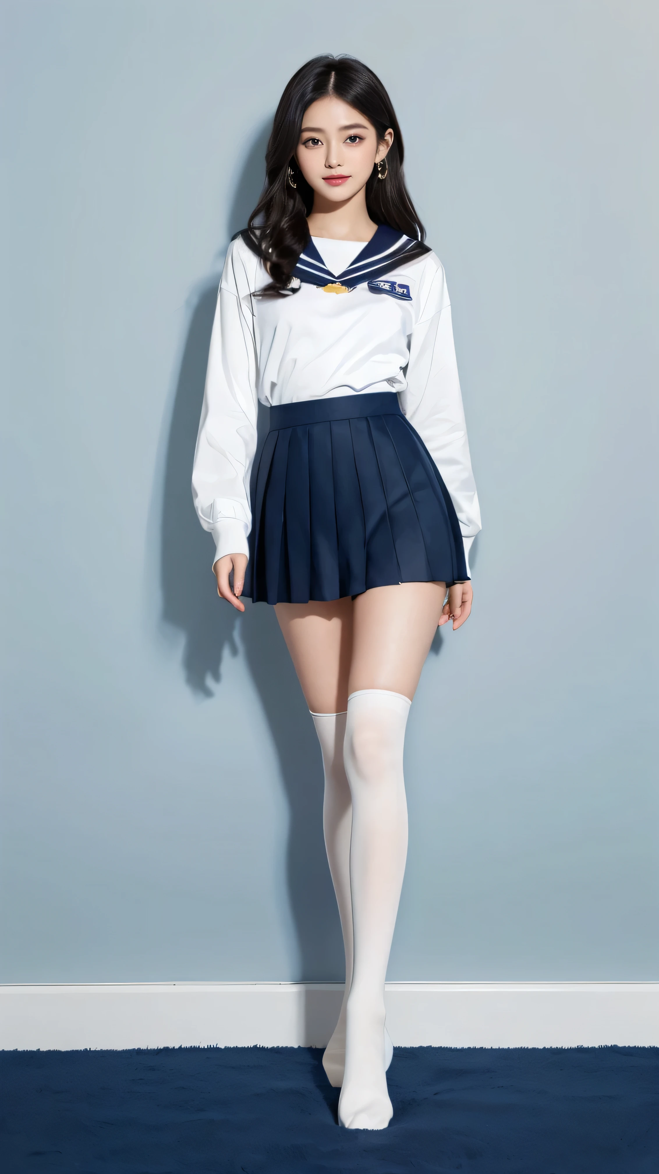 highest quality,masterpiece,Ultra-high resolution,(Actual:1.4),Original photo,Ultra-high resolution，8k，There are women，Fair skin，Exquisite makeup，High heels，Long legs，Bright and beautiful、shy smile、at school class room,((wearing student clothes、Long sleeve sailor suit worn by Japan 、Blouses are not tucked into skirts、blue long cuffs、Dark blue mini pleated skirt, white knee-high socks、Black loafers))),