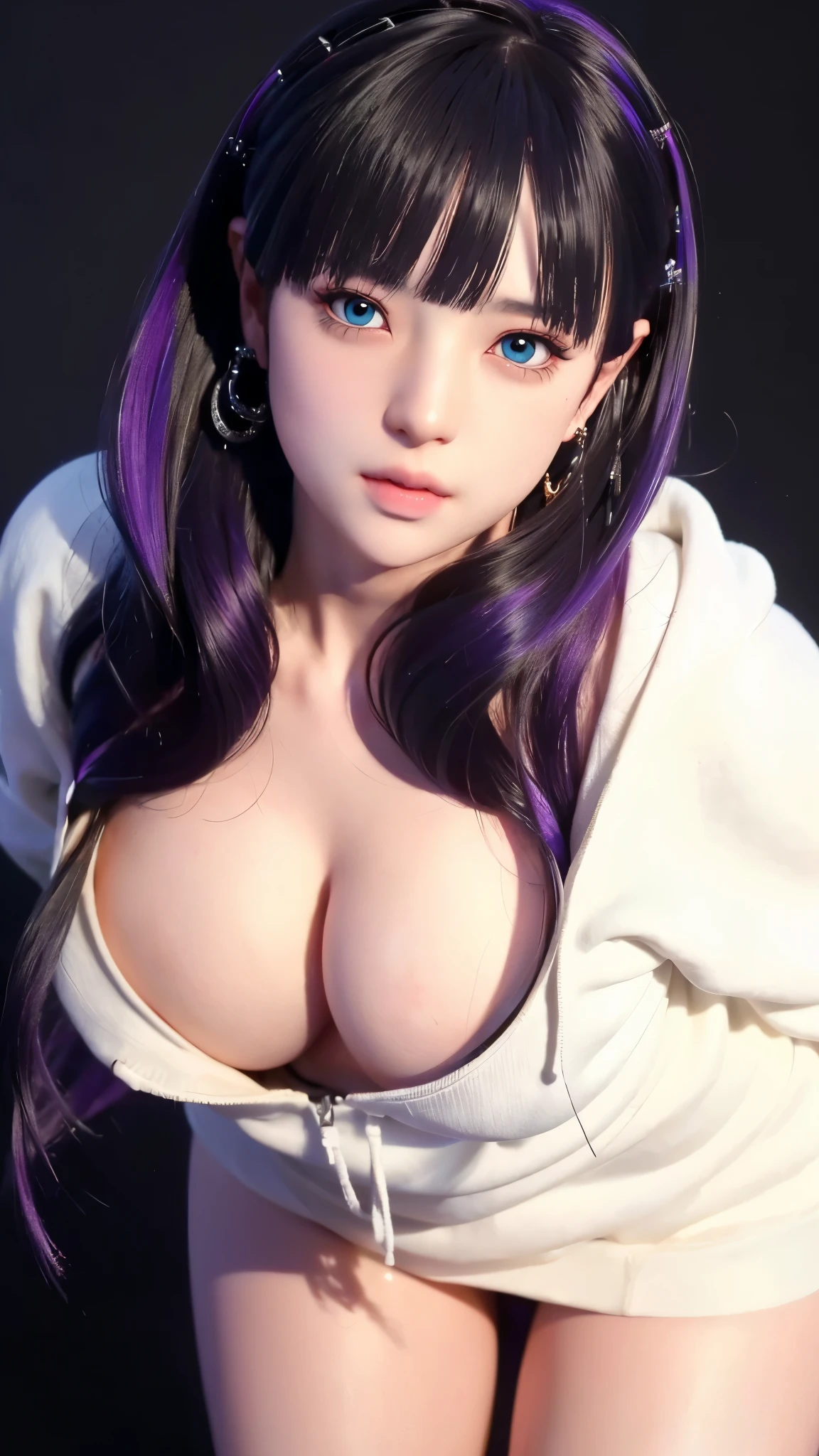 （（（完美figure，figure，solo， White and tender skin，（（（Cyberpunk，naked hoodie））），（（（shaosiming，hair ornament, purple hair, very long hair, blunt bangs, hair rings,））），((masterpiece)),high resolution, ((Best quality at best))，masterpiece，quality，Best quality，（（（ Exquisite facial features，Looking at the audience,There is light in the eyes，(（（happy，laughing out loud））），型figure:1.7））），（（（Light and shadow，Huge breasts））），（（（Looking at the camera，black background)）））