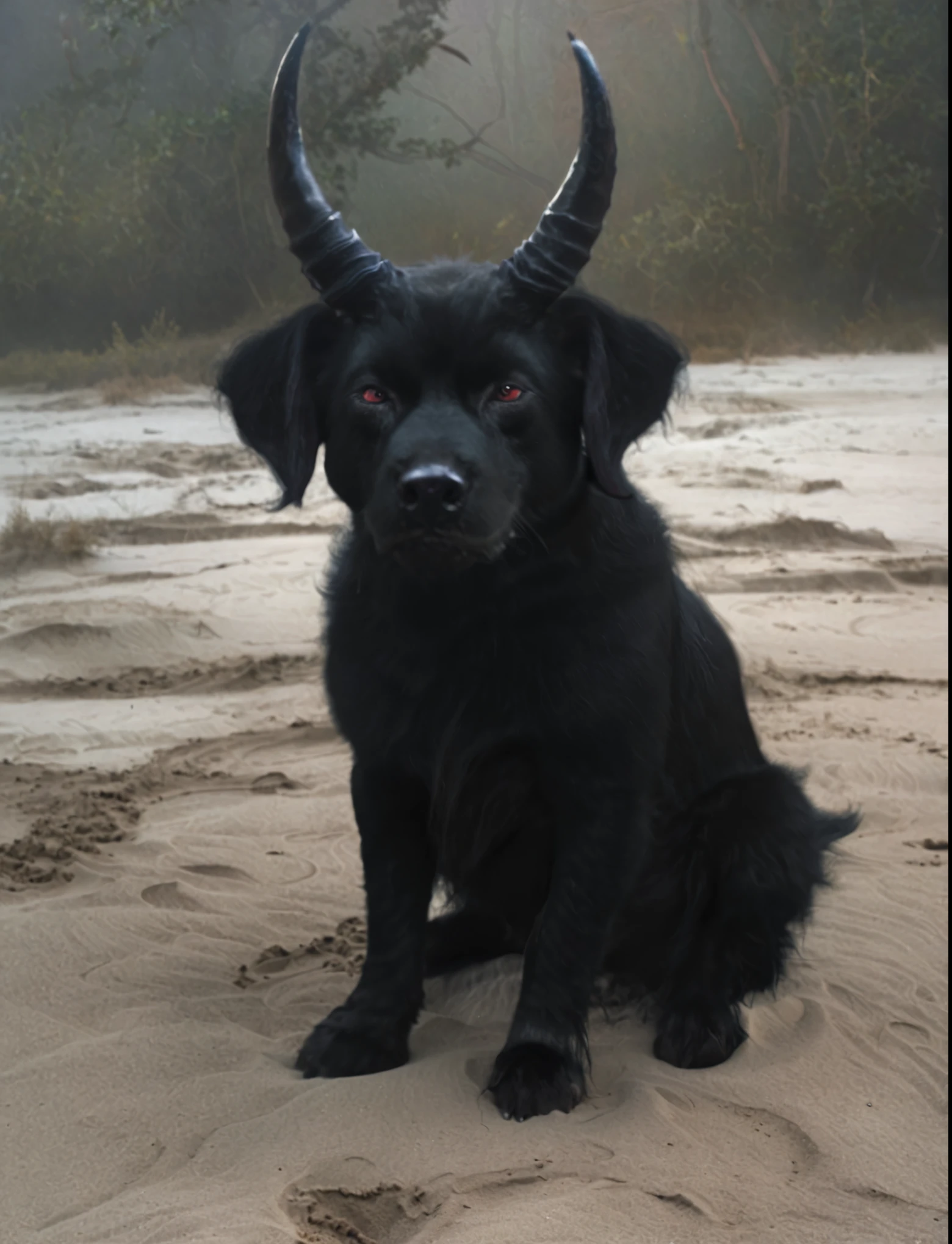 there is a black dog with horns sitting on the sand, black horns, with black horns instead of ears, with horns, loki horns, black dog, a horned, horned, demon horns, devils horns, demon horn, horns and red eyes, portrait of hades, devil horns, horns!, horned god, horns on its head, devil's horns, huge horns