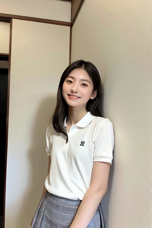 Japanese、high school girl、High resolution、Masterpiece、Fine-grained skin type、high resolution、Reality、Indoors, in front of a white wall、Stand upright、smile、、White polo shirt