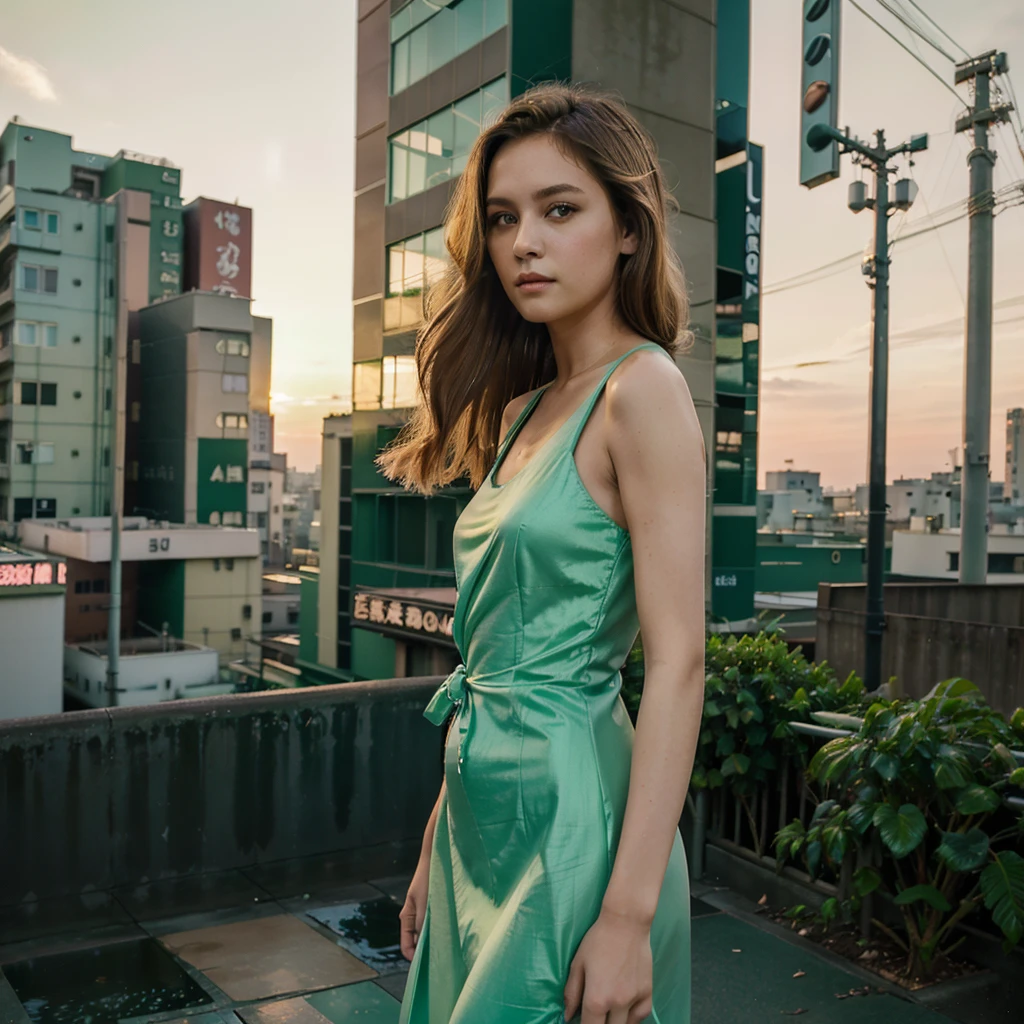 Female supermodel. Takeshit Dori, Tokyo. Pastel green evening dress. Sunset