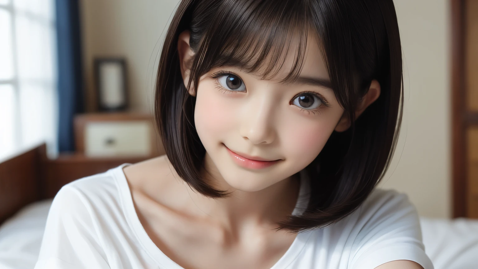 detailed face, cute face,brown eye, , extra short hair, sidelocks-hair, 1 Girl, master piece , best quality , detailed , (woman face) , (breast hold:1.4) , t-shirt , japanese , room , indoor