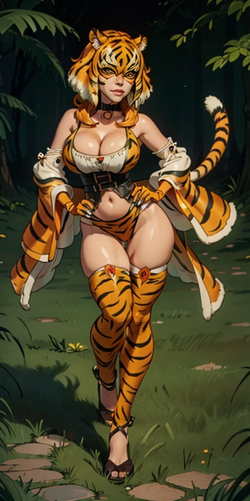1 solo milf bimbo tiger print mask, animal tiger outfit, leather collar choker neck bell, cleavage, sitting on green grass, large breasts, looking at viewer, navel, neck bell 🔔 (paw gloves like hands= paws on hands, paws on hips, tiger tail, tiger fluffy ears) thigh highs, thick thighs high, wide hips