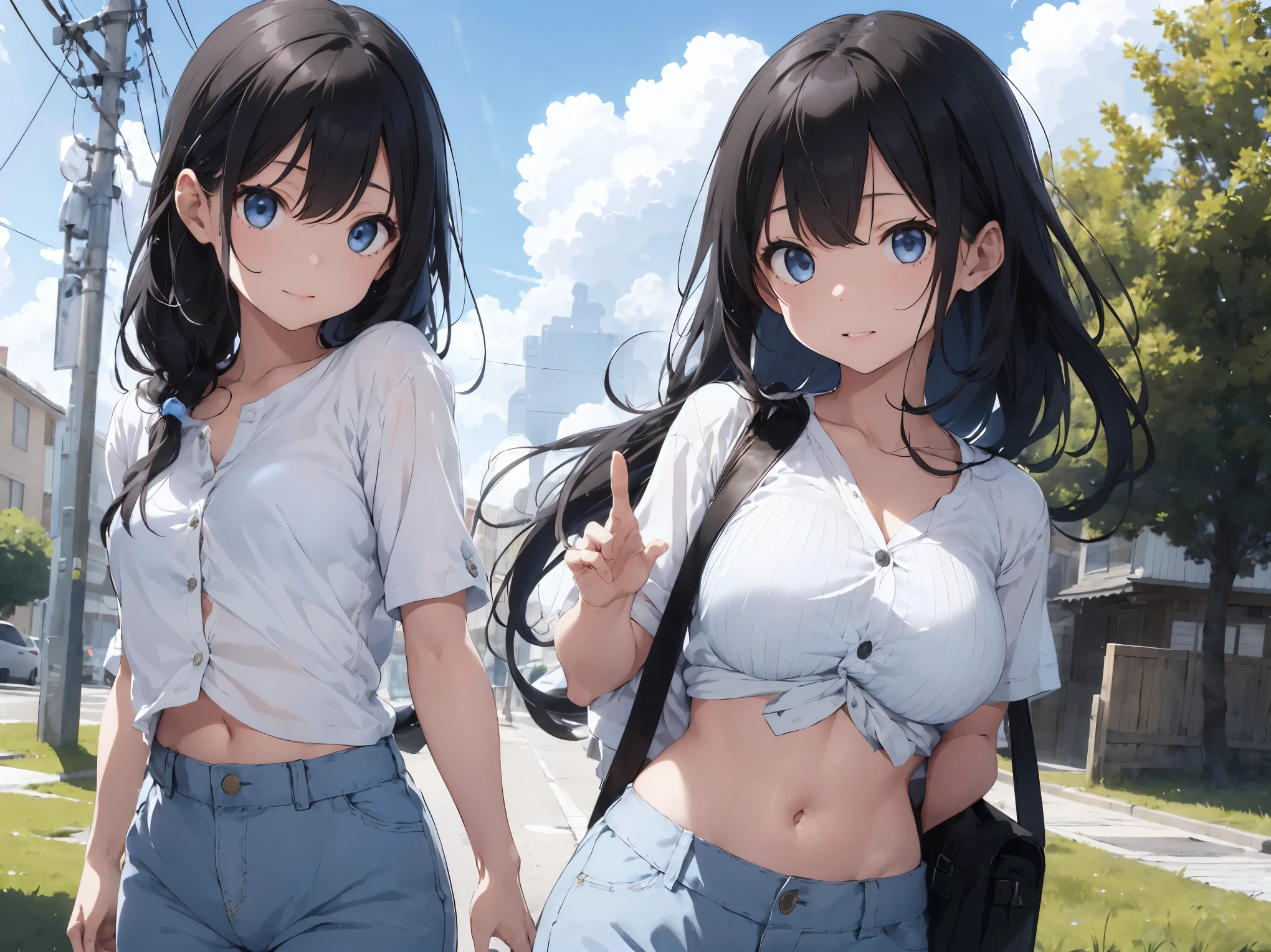 A girl wearing a white shirt with all the buttons undone、Cute light blue bra、Cute light blue striped pants、barefoot、Girl with super long black hair、Cumulonimbus cloud and blue sky、Beautiful breasts、White skin