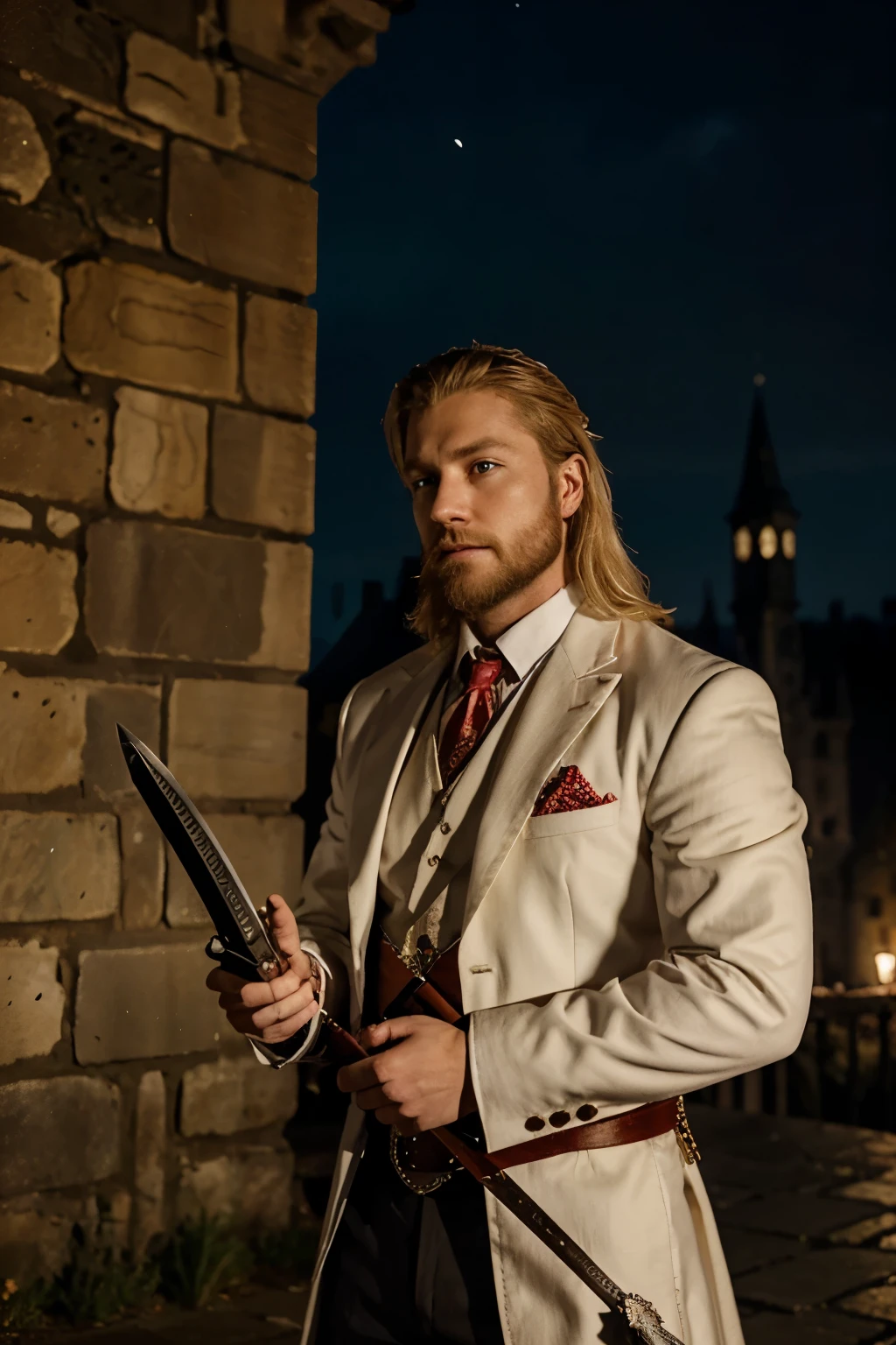 a modern sir galahad, holding a mobile phone and a sword. Blond, bearded, 30 years, castle background, night. he wears social clothes, white and red clothes colors