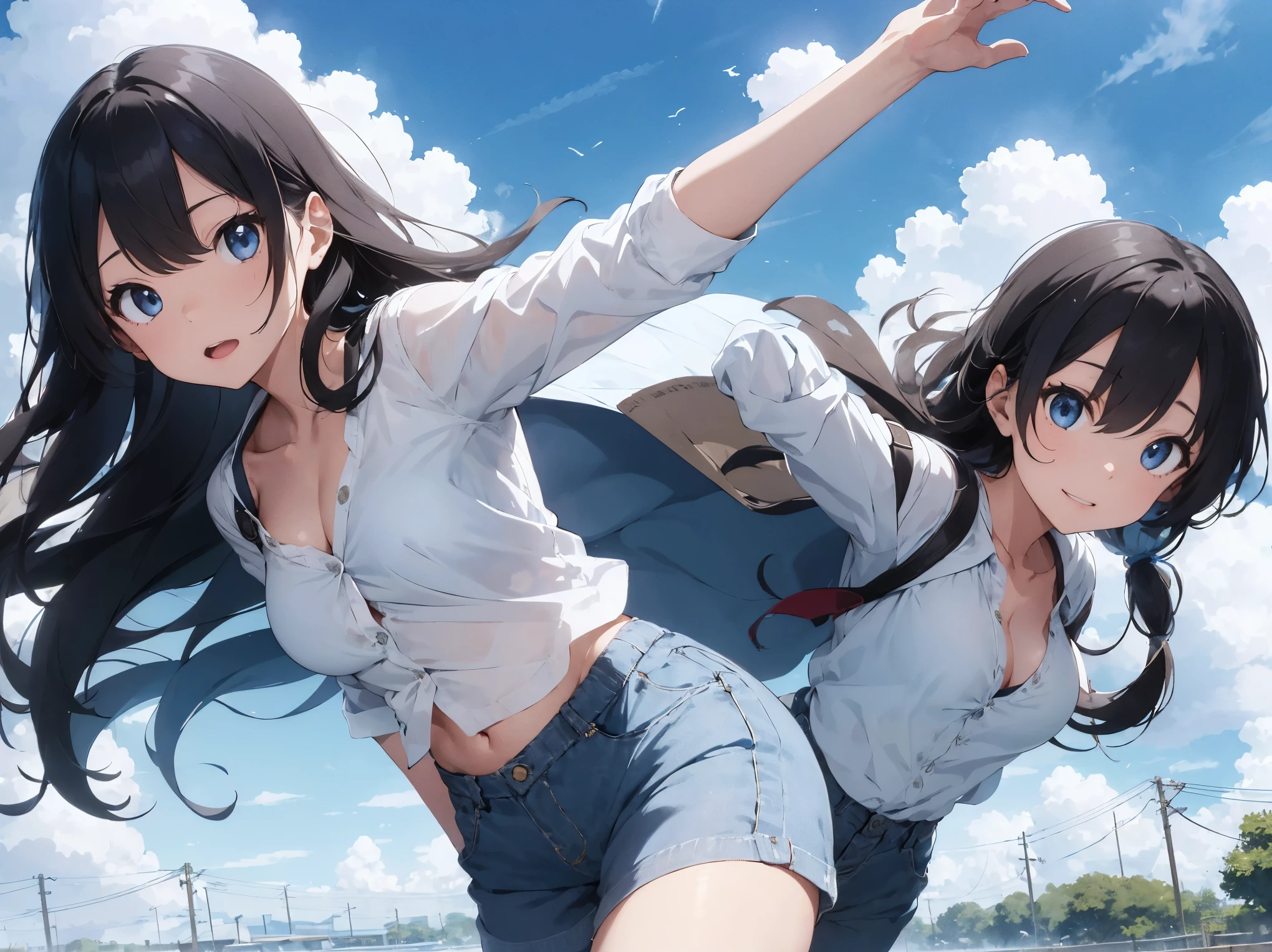 A girl wearing a white shirt with all the buttons undone、Cute light blue bra、Cute light blue striped pants、barefoot、Girl with super long black hair、Cumulonimbus cloud and blue sky、Beautiful breasts、White skin