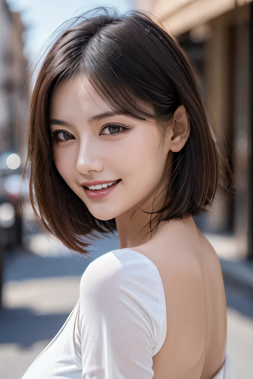 (8k, RAW Photos, highest quality, masterpiece, Realistic, Realistic), (1 female), (Ultimate beauty), Highly detailed face, (Perfect Teeth), Beautiful Eyes, double eyelid, eyelash, smile, Lip details, (Neat brunette bob), The light shines on your face, Big Breasts, ((Colorful mini dresses)), (Front view), (background: none),  Background blur