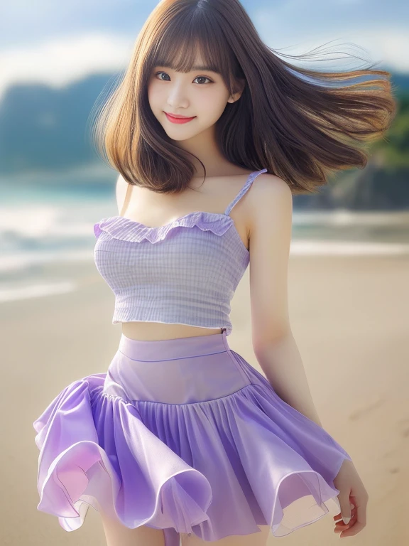 Photo-realistic quality、A close up of a woman in a pale purple sheer top and skirt on a beach,  Slightly large chest、Beautiful Asian Girl, pretty girl,  Japanese Model, Beautiful girl model,Light grey frilled mini skirt、 pretty girl, cute beautiful,  An attractive idol, Beautiful model woman、looking at the camera、Light grey mini skirt、Delicate and beautiful eyes、Soft lips、Cute smile