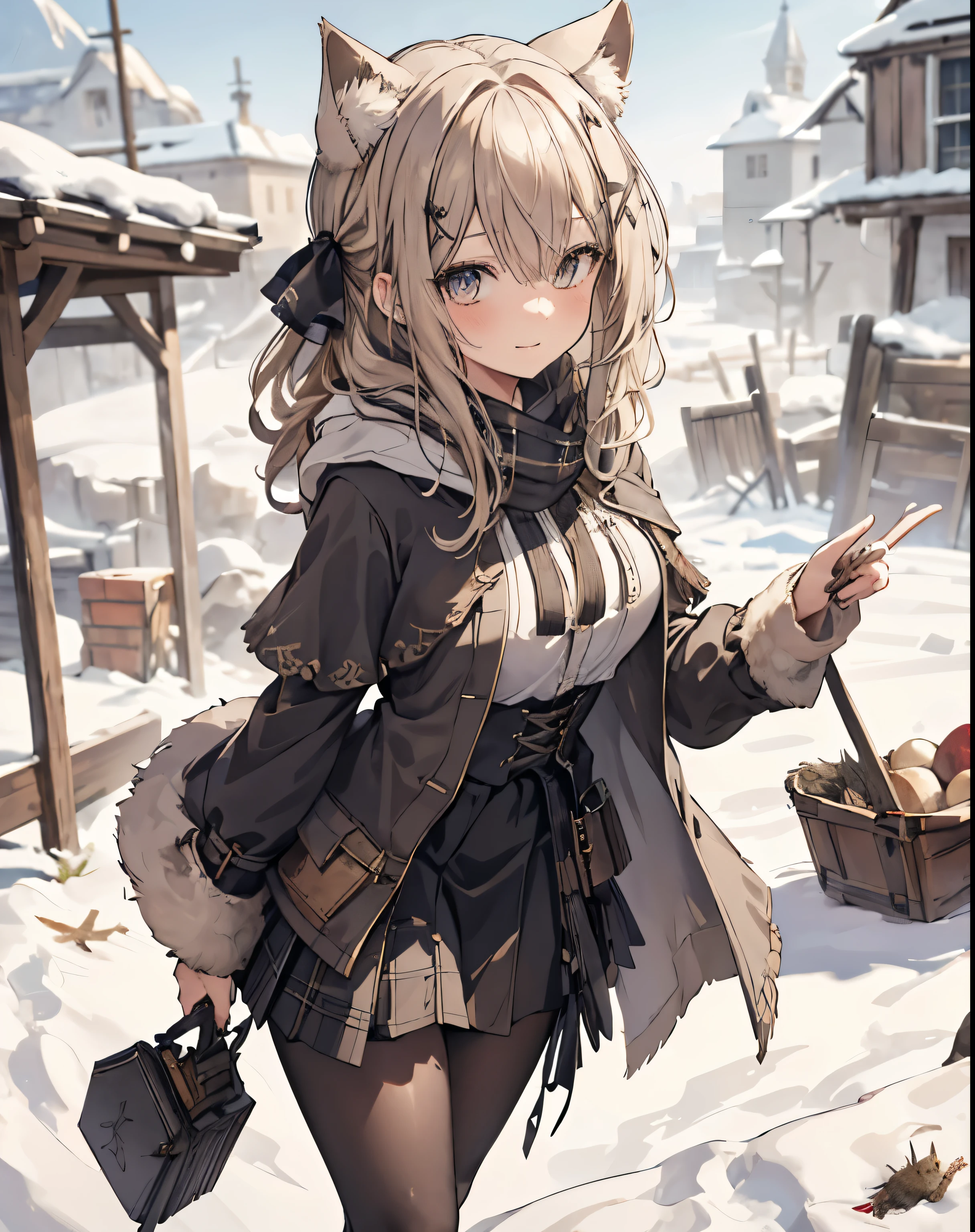 masterpiece,1girl, sparrow, a blonde haired girl, wearing a medieval european villager clothes, curly long hair, messy hair, black skirt, short white capelet with furry hoody, slim body, big breasts, she close her left eye, shirt ornament, lolippai, hair ribbon, lovely smile, beautiful breasts, rounded breasts, crimson eyes, flared skirt, plaid skirt, she stands in the snow field, shiroko \(blue archive\, cat ears