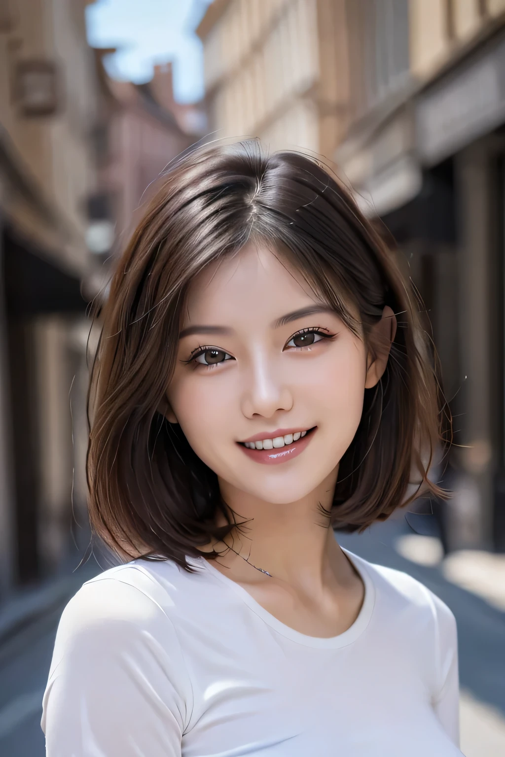 (8k, RAW Photos, highest quality, masterpiece, Realistic, Realistic), (1 female), (Ultimate beauty), Highly detailed face, (Perfect Teeth), Beautiful Eyes, double eyelid, eyelash, smile, Lip details, (Neat brunette bob), The light shines on your face, Big Breasts, ((Colorful mini dresses)), (Front view), (background: none),  Background blur