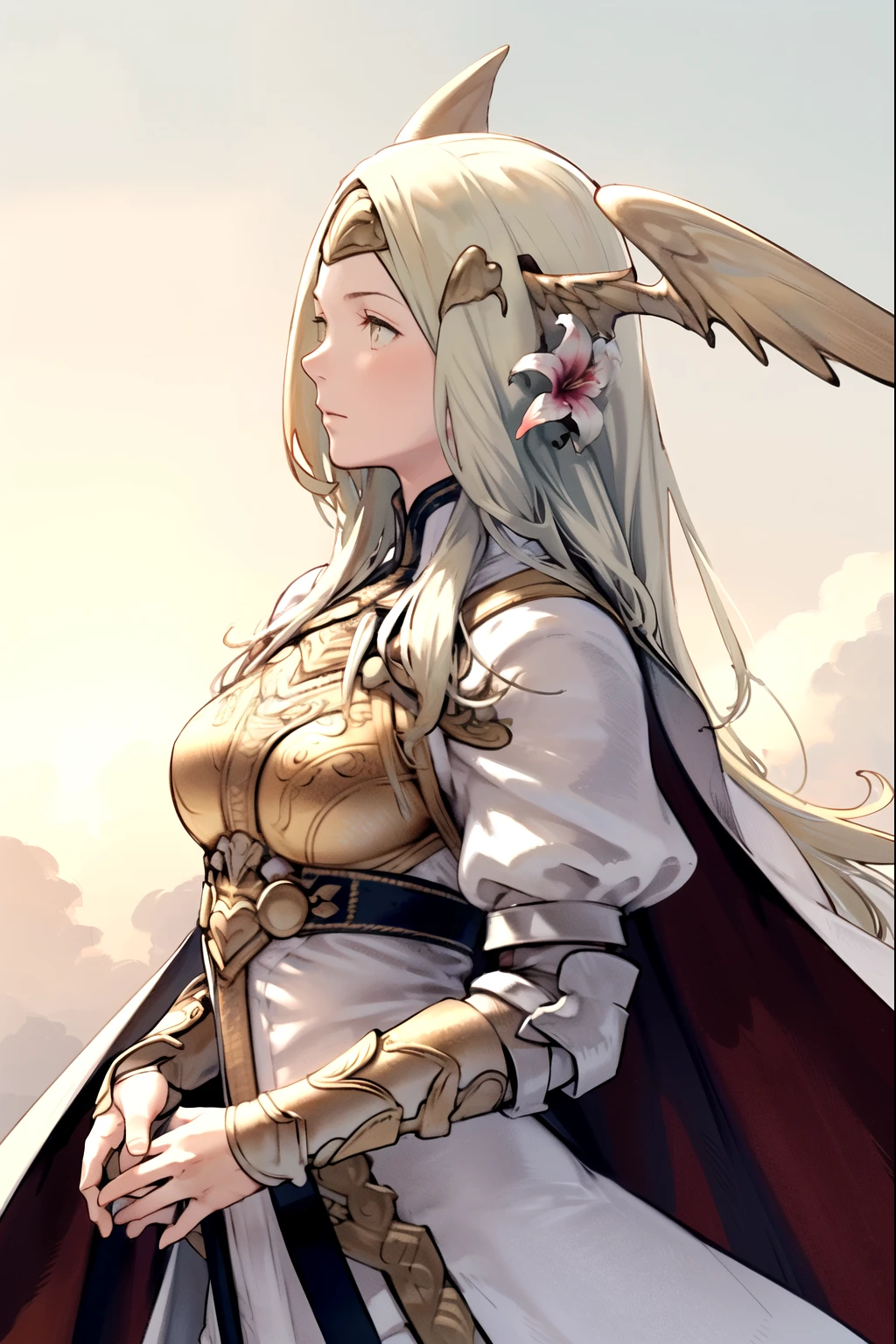 Masterpiece, solo, 1girl, upper body, seiros, head wings, white cape, gold armor, forehead protector, yellow hair, hair flowers, gauntlets, white dress