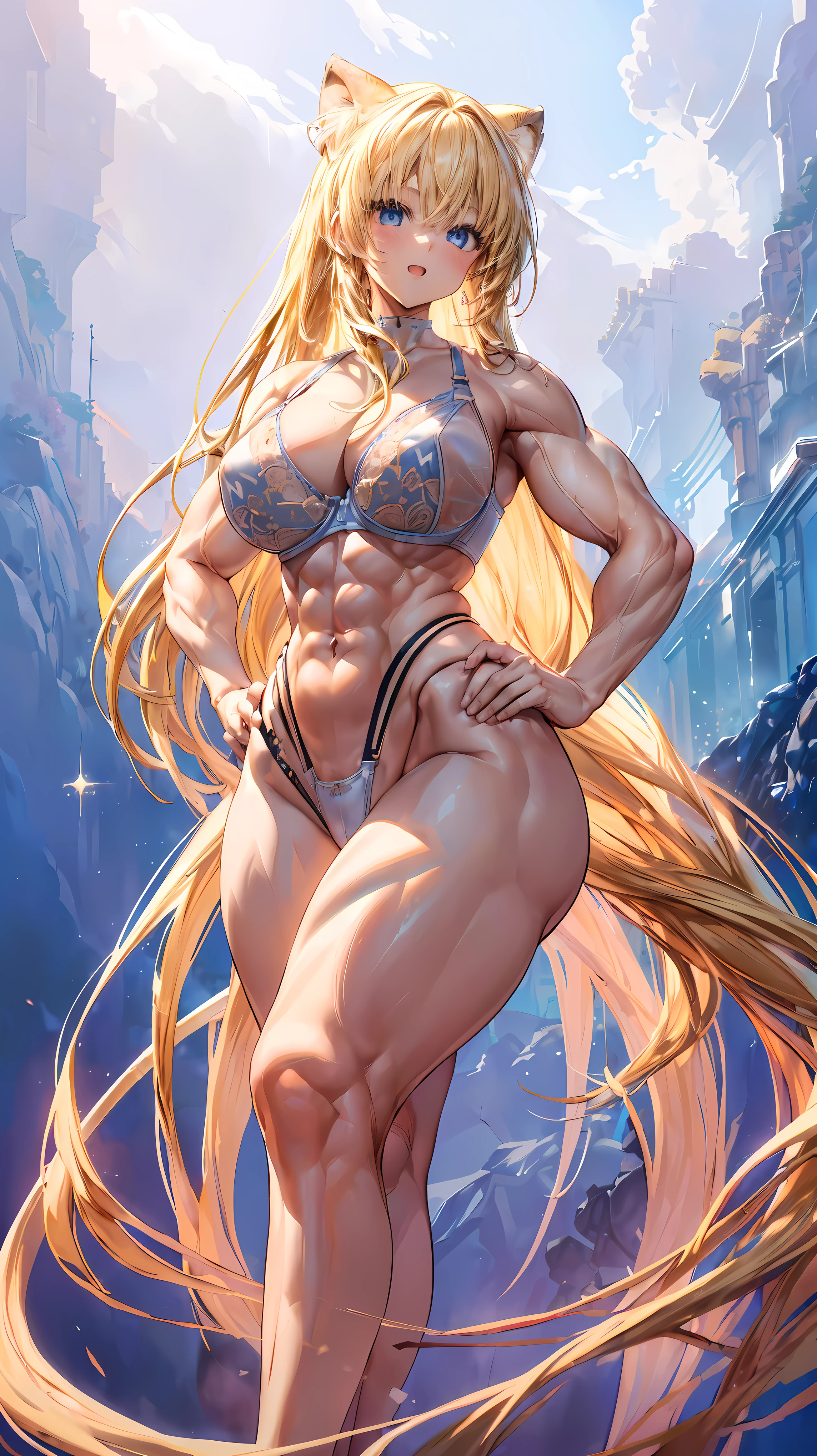 Very detailed、highest quality、Best image quality、masterpiece、8k、Anime Face、A kind smile、(Open your mouth:1.3)、Sparkling blue eyes、(Blonde semi-long hair:1.5)、(Muscles of the whole body:1.3)、(highleg:2.0)、Thigh belt、(Cowboy Shot:1.5)、(SFW Giant)、(Thick body:1.2)、(bra:1.5)、(sxspnts)、(Hands on hips:1.1)